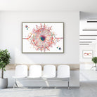 Framed iris anatomy watercolor print in a clinic waiting room