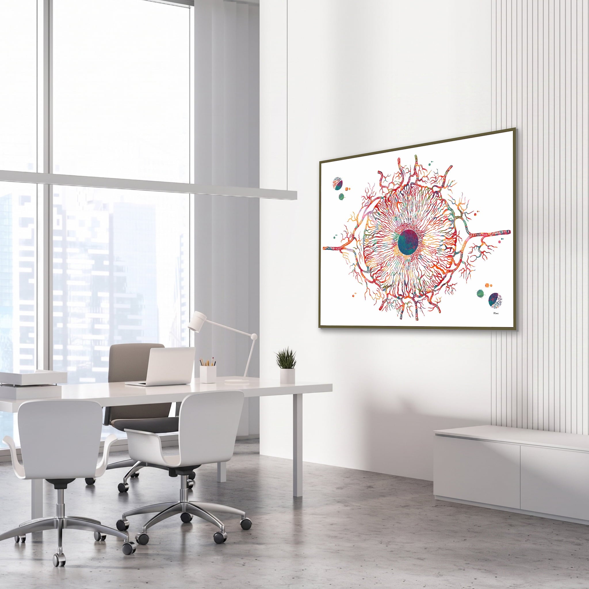 Framed iris anatomy watercolor print in an ophthalmology clinic