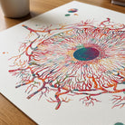 Close-up of iris anatomy watercolor print showing paper texture and grain