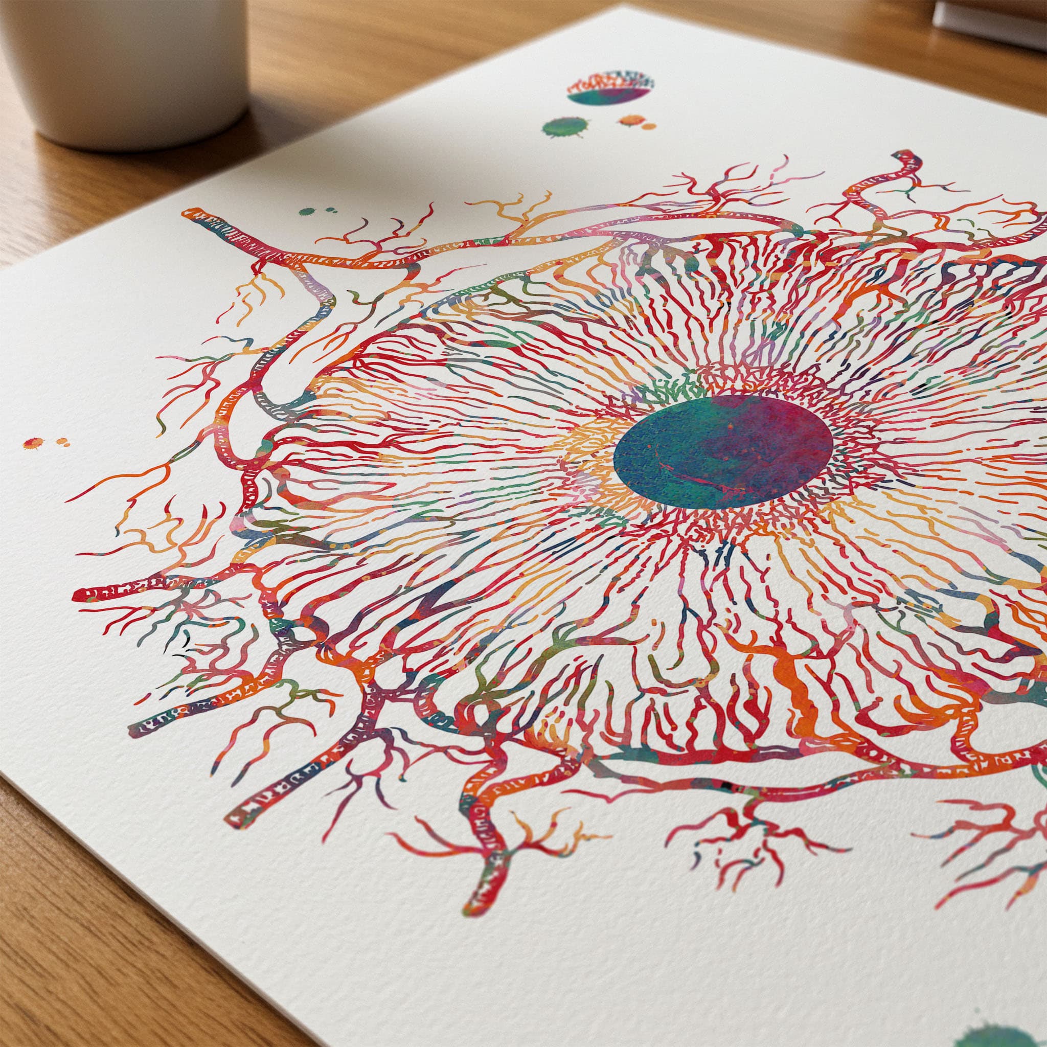 Close-up of iris anatomy watercolor print showing paper texture and grain
