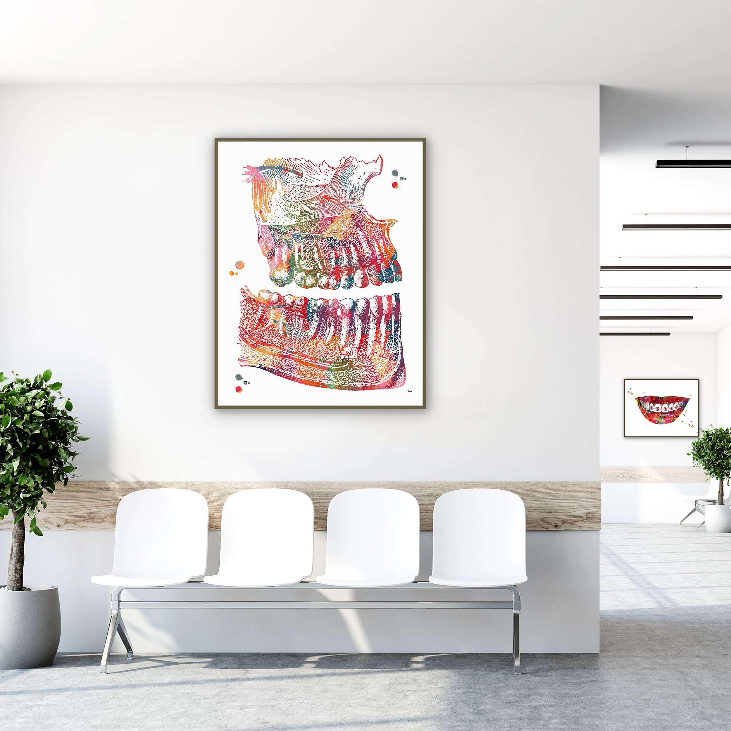 Framed jaw anatomy watercolor print in a clinic waiting room