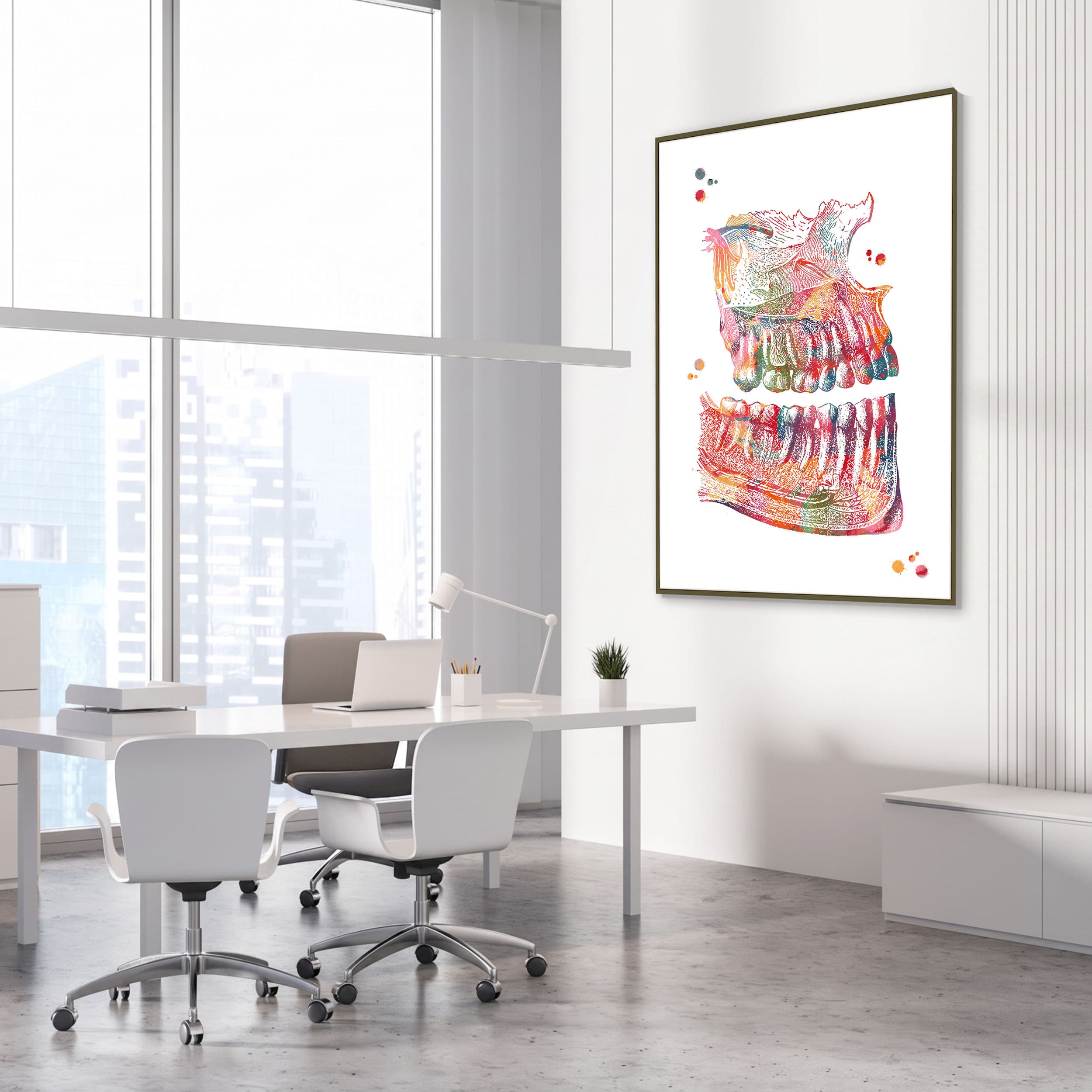 Framed jaw anatomy watercolor print in a dental clinic