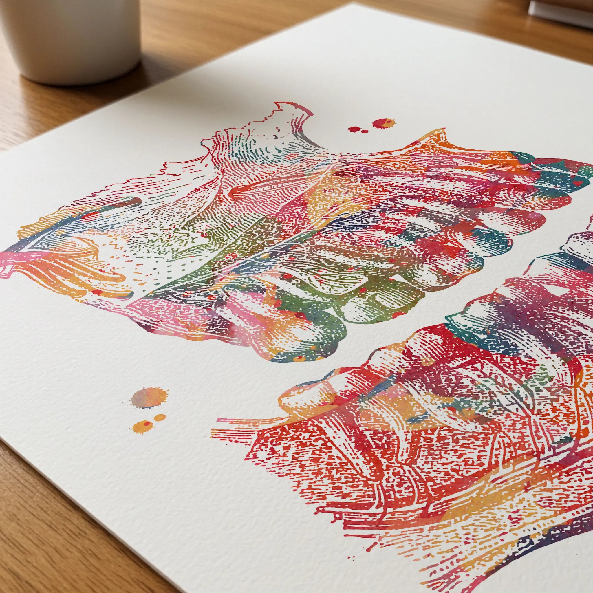 Close-up of jaw anatomy watercolor print showing paper texture and grain