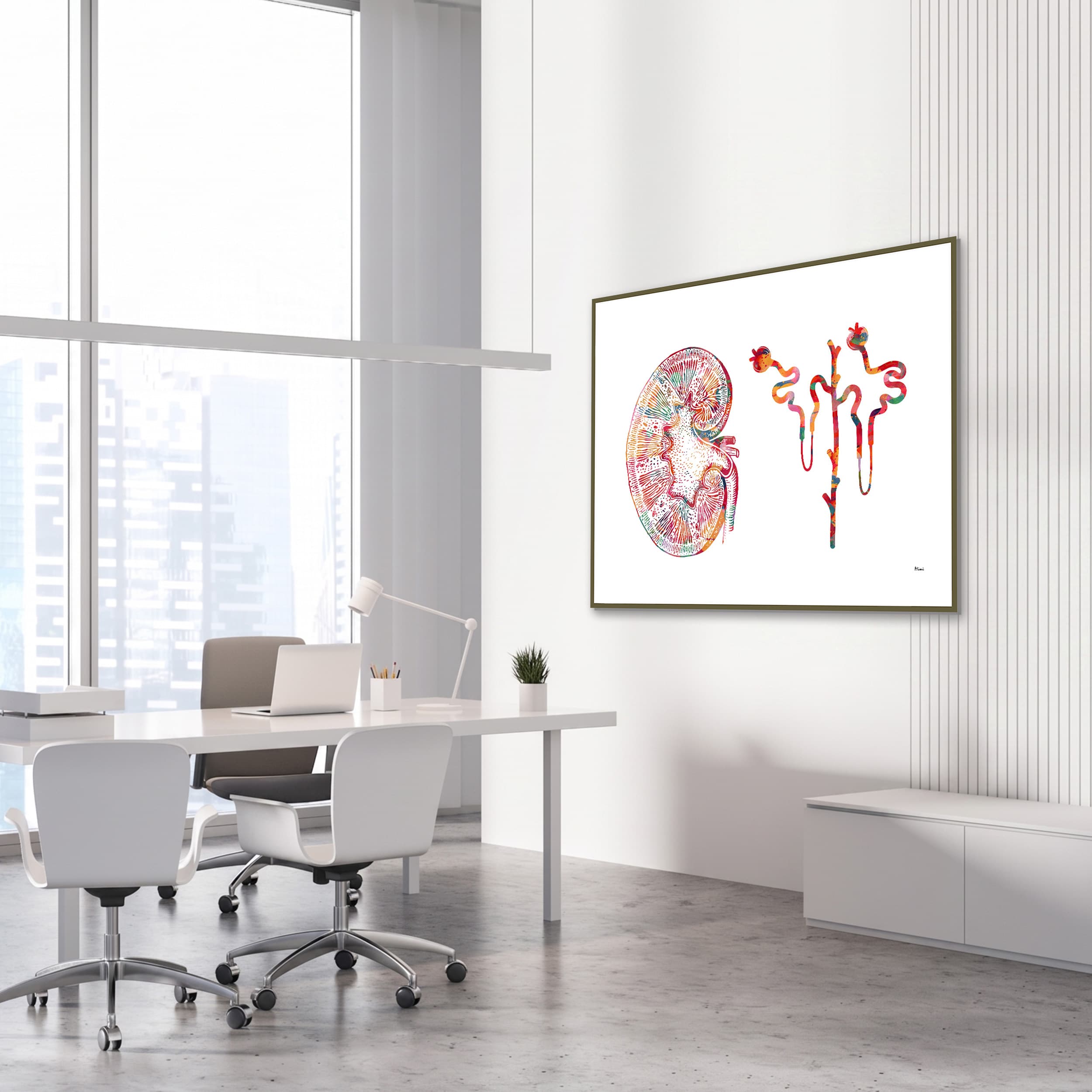 Framed kidney & nephron watercolor print in a nephrology clinic