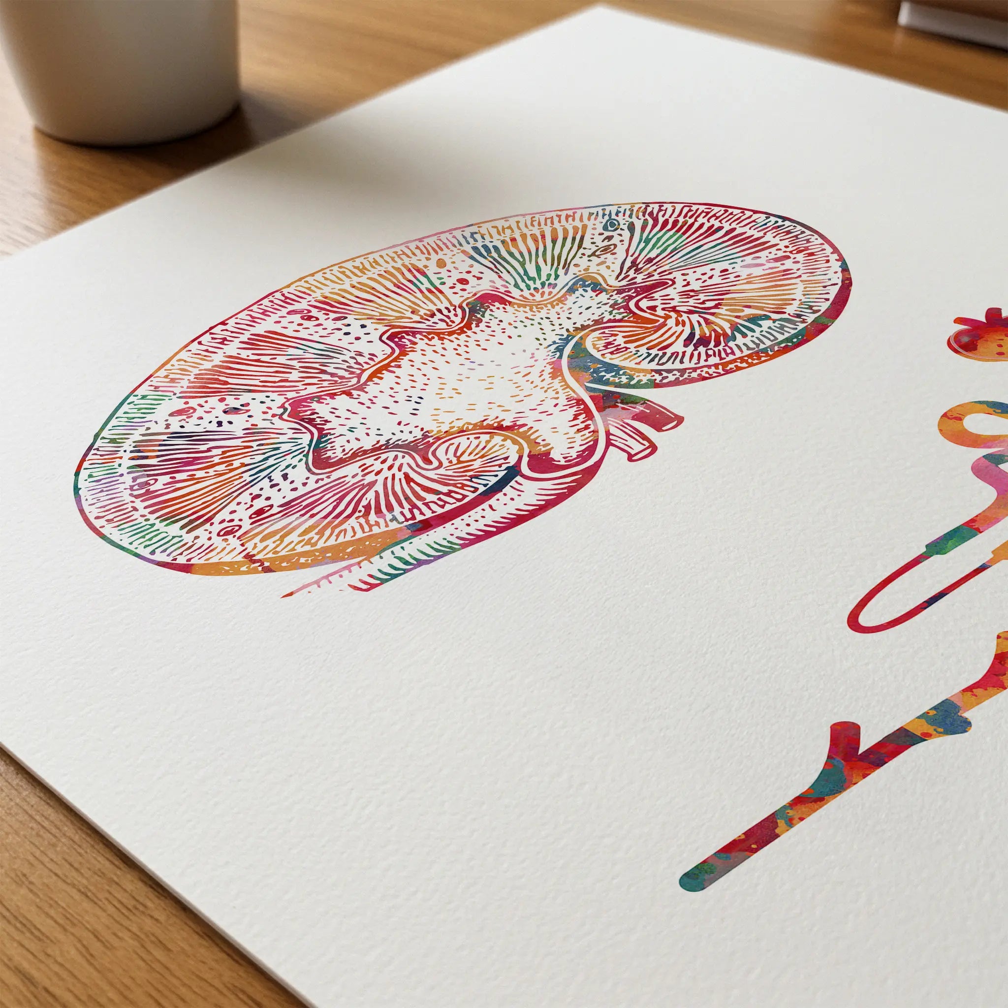 Close-up of kidney & nephron watercolor print showing paper texture and grain