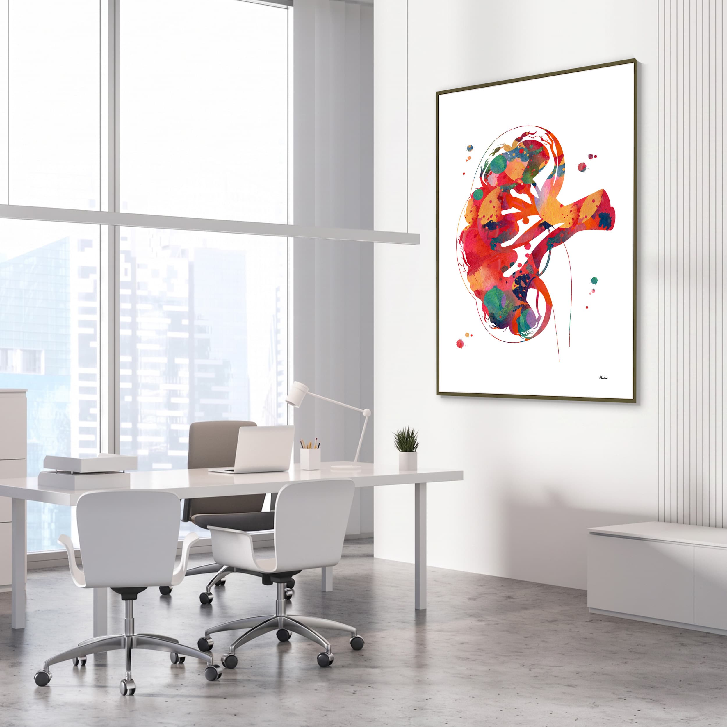 Framed kidney section anatomy watercolor print in a nephrology clinic
