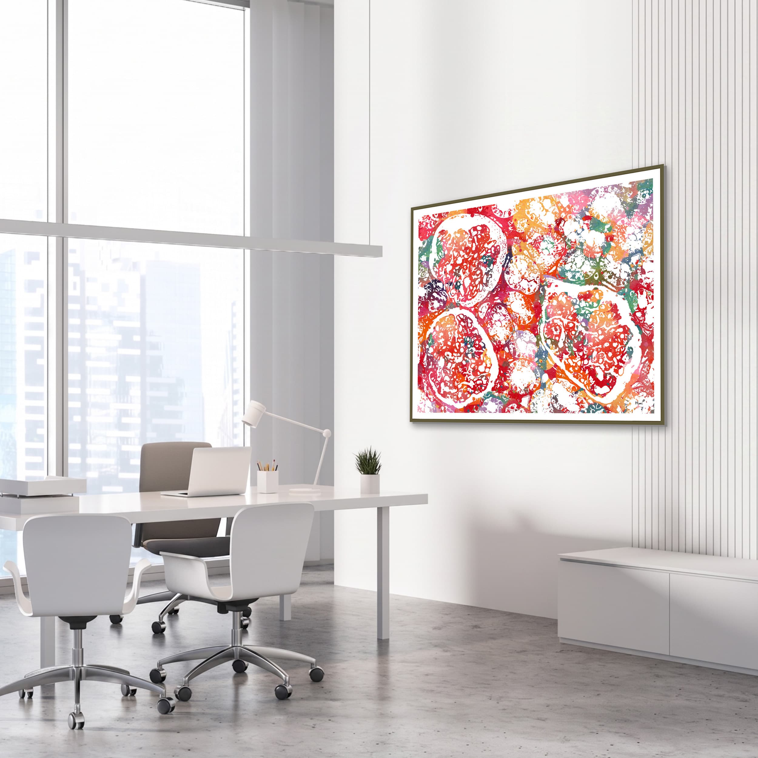 Framed kidney tissue histology watercolor print in a nephrology clinic