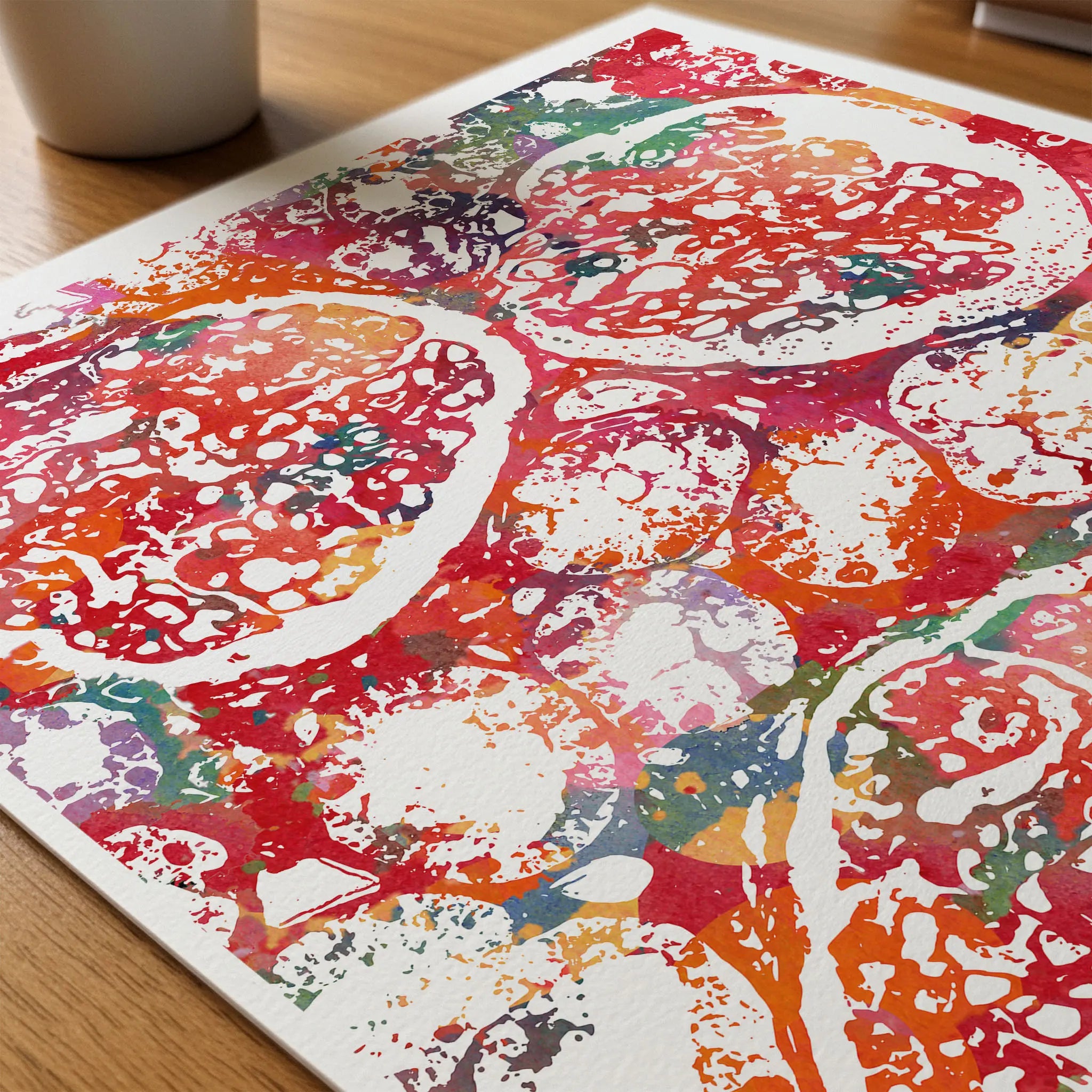 Close-up of kidney tissue histology watercolor print showing paper texture and grain