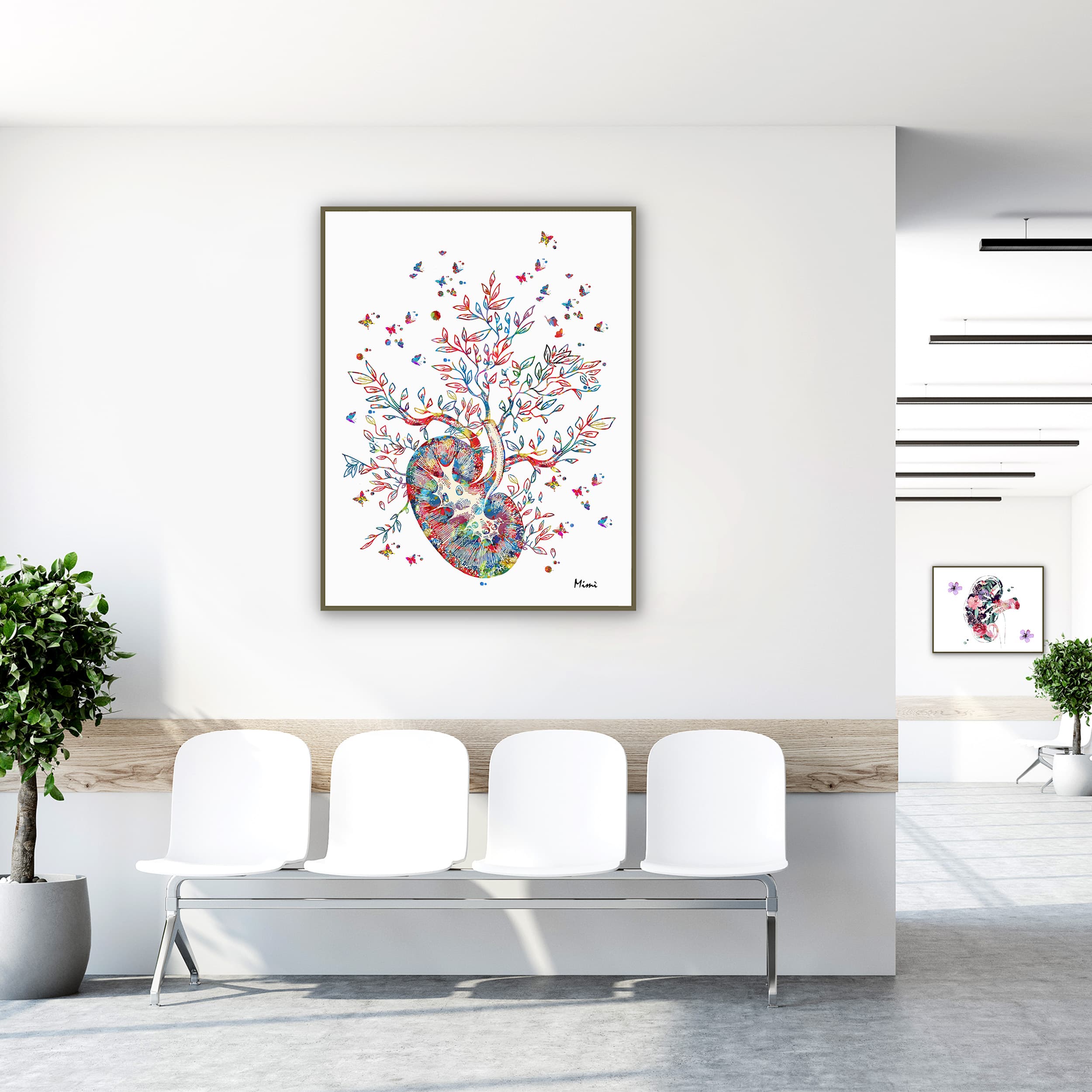 Framed kidney tree of life watercolor print in a clinic waiting room