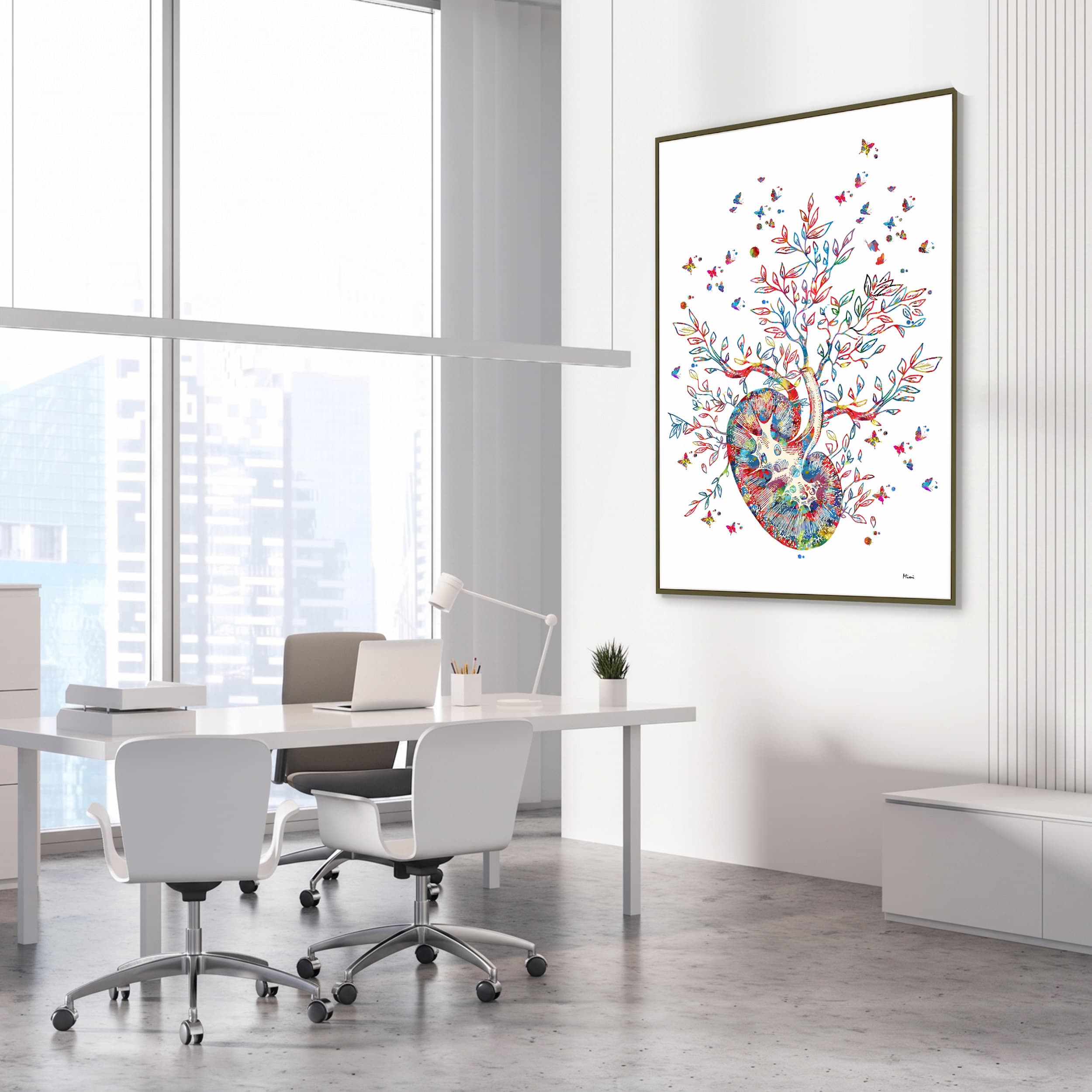 Framed kidney tree of life watercolor print in a nephrology clinic