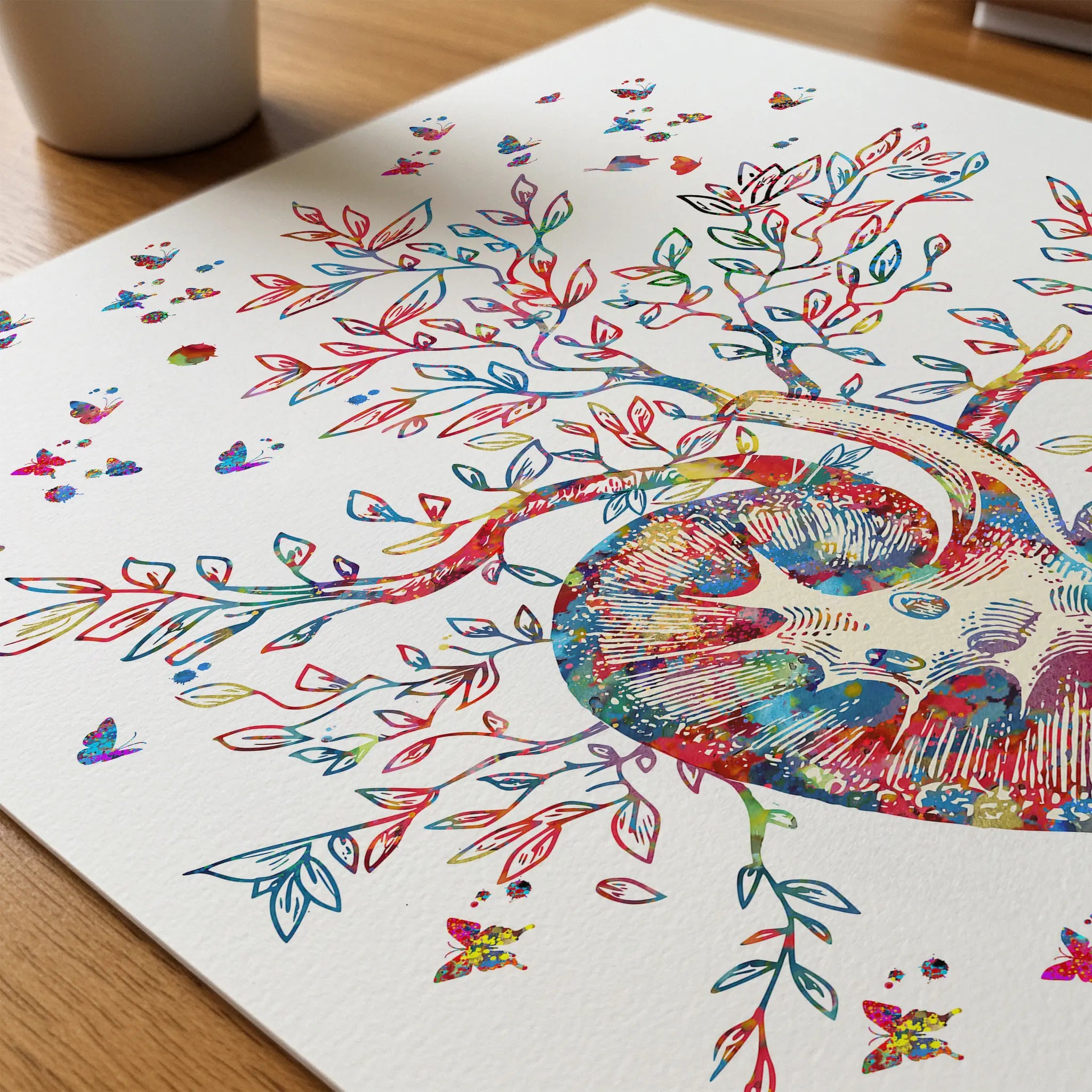 Close-up of kidney tree of life watercolor print showing paper texture and grain