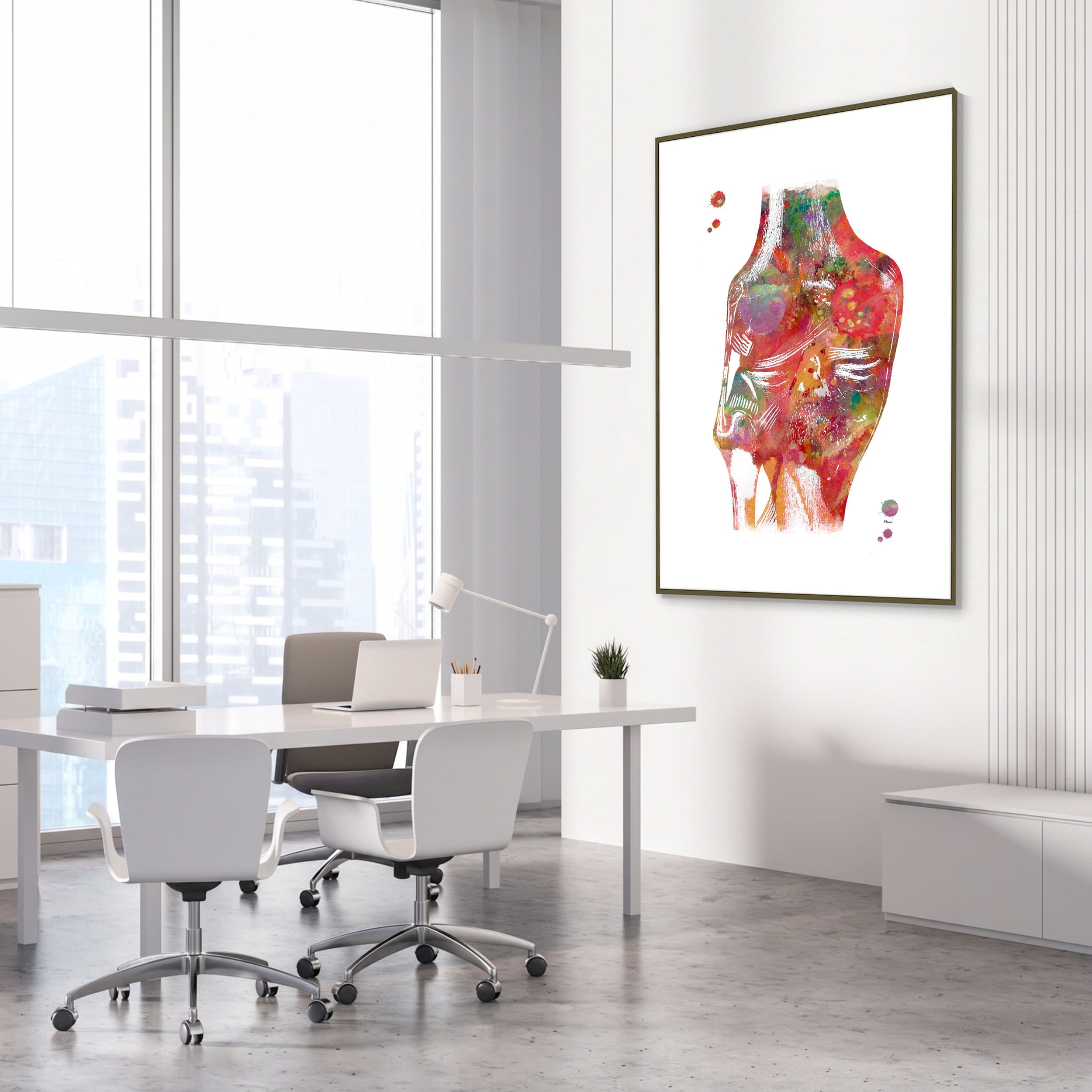 Framed knee ligaments watercolor print in an orthopedic clinic