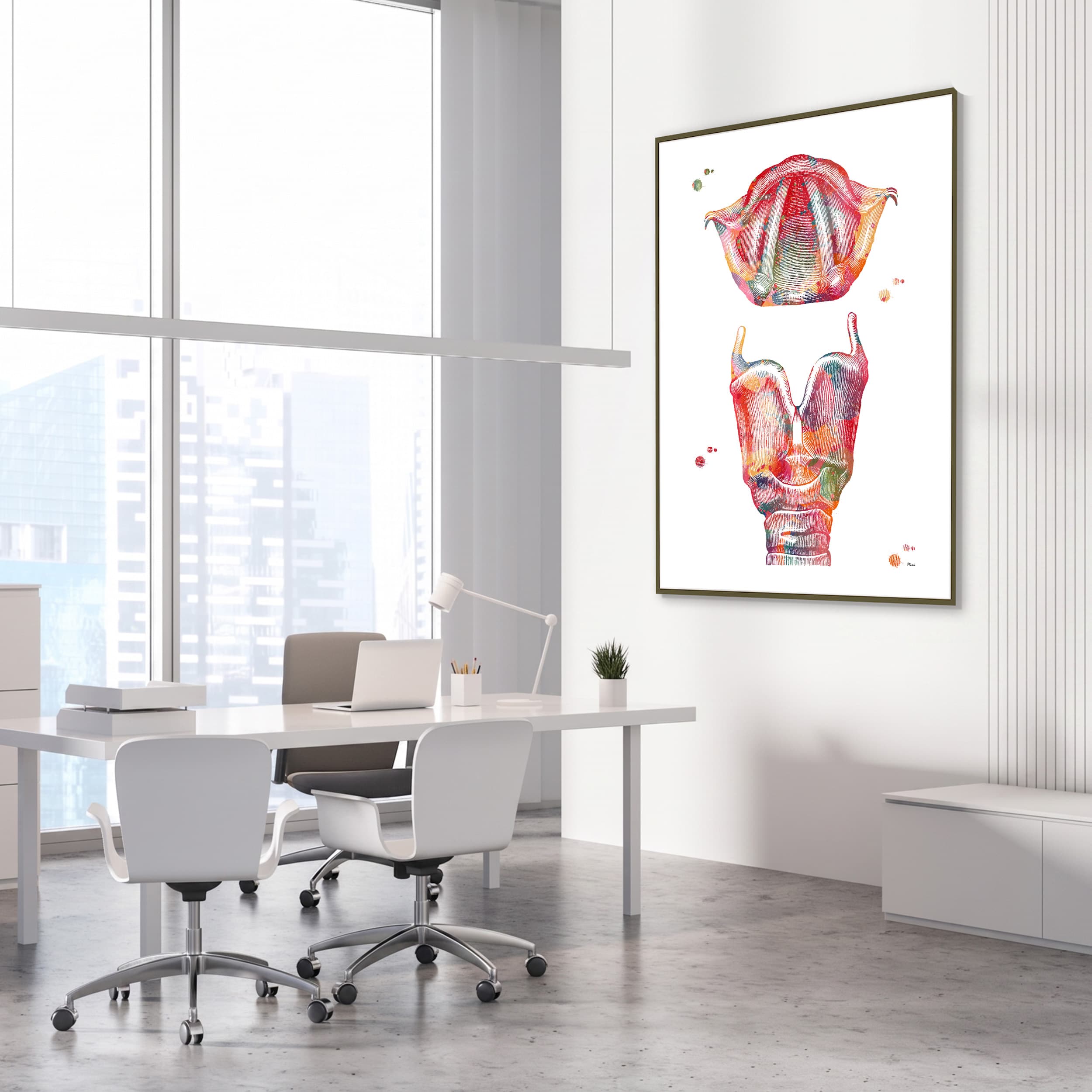 Framed larynx watercolor print in an ENT clinic