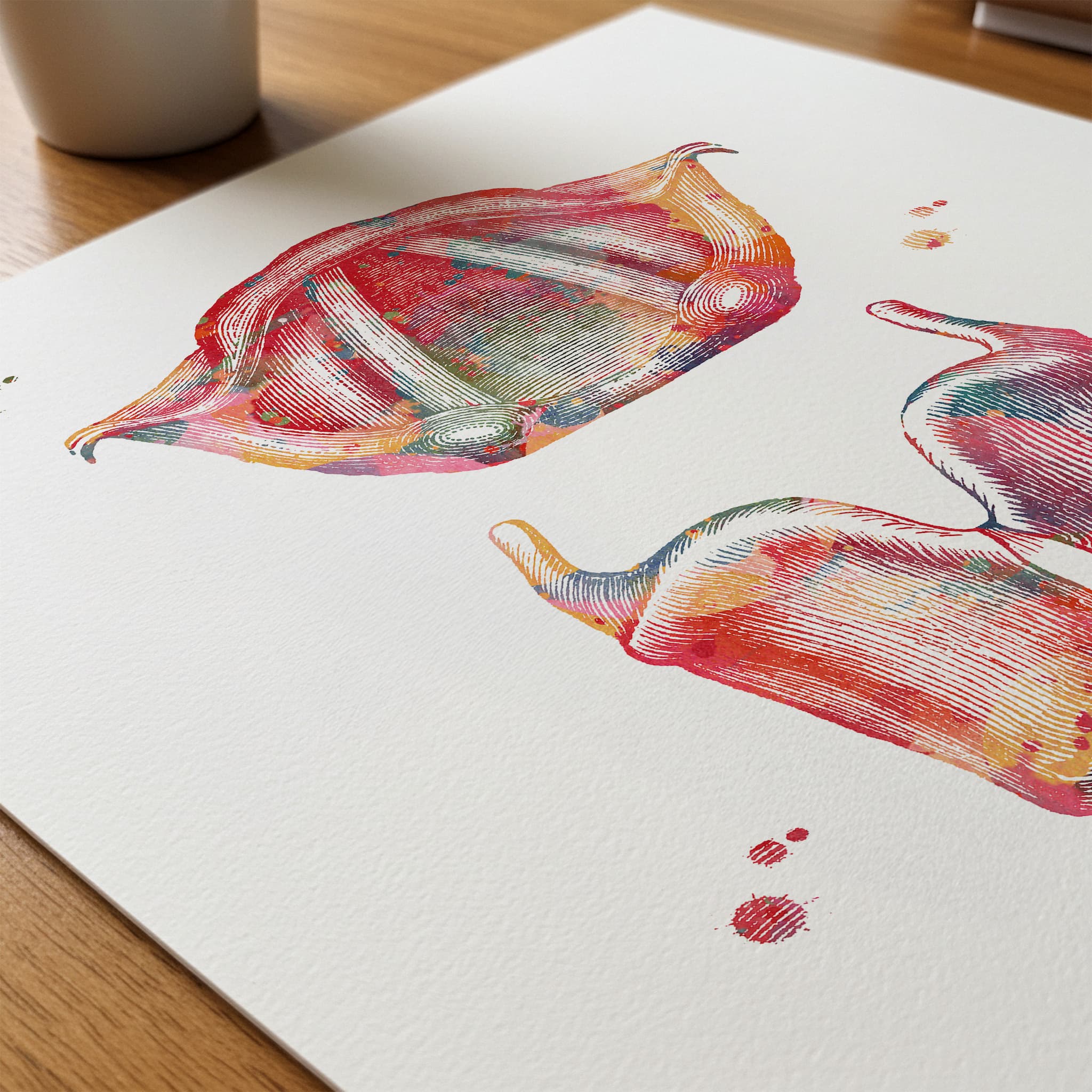 Close-up of larynx watercolor print showing paper texture and grain