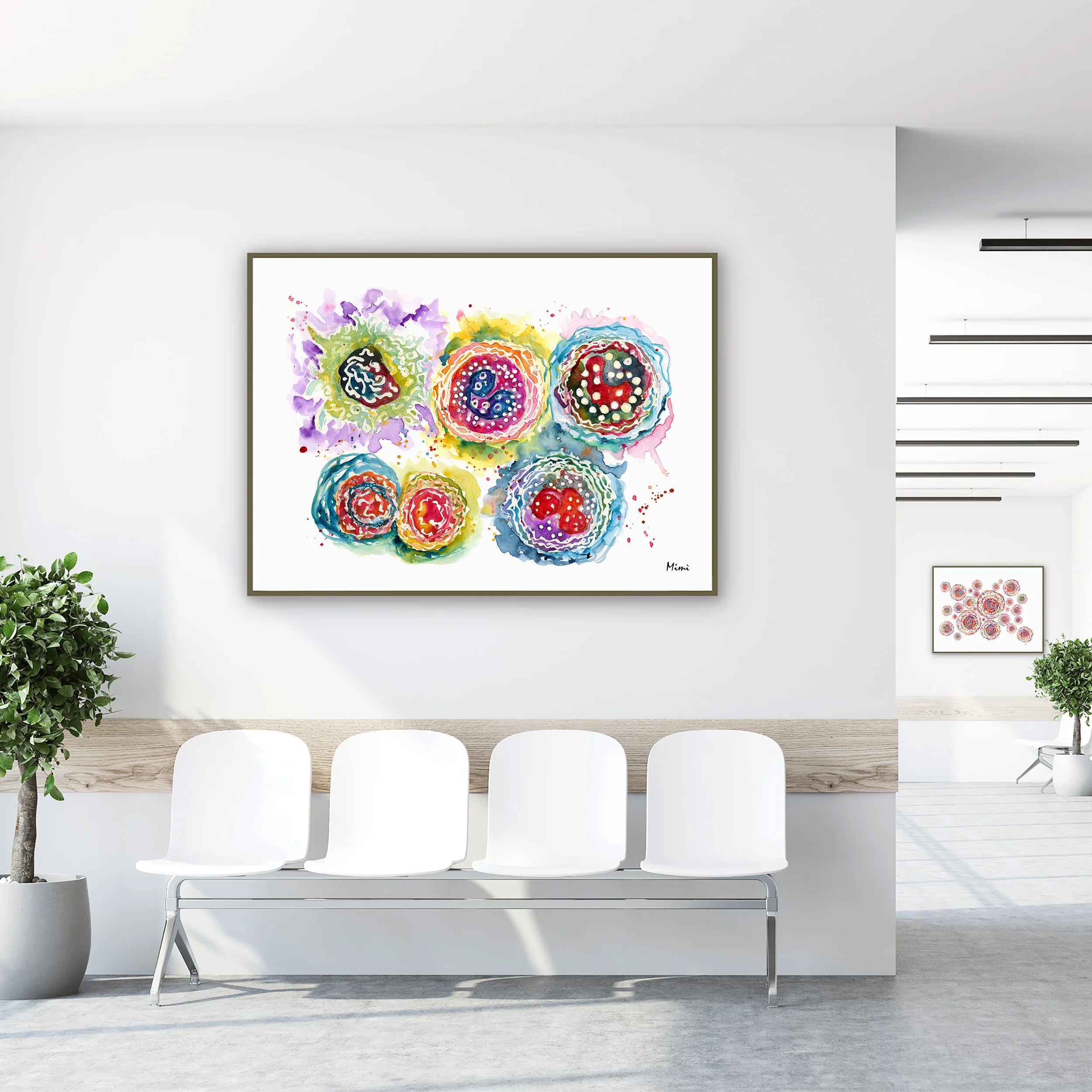 Framed leukocytes abstract watercolor print in a clinic waiting room