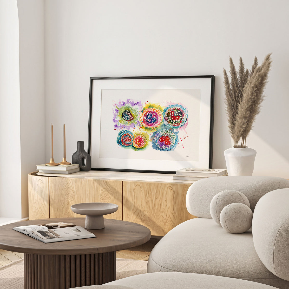 Framed leukocytes abstract watercolor print in a warm living room