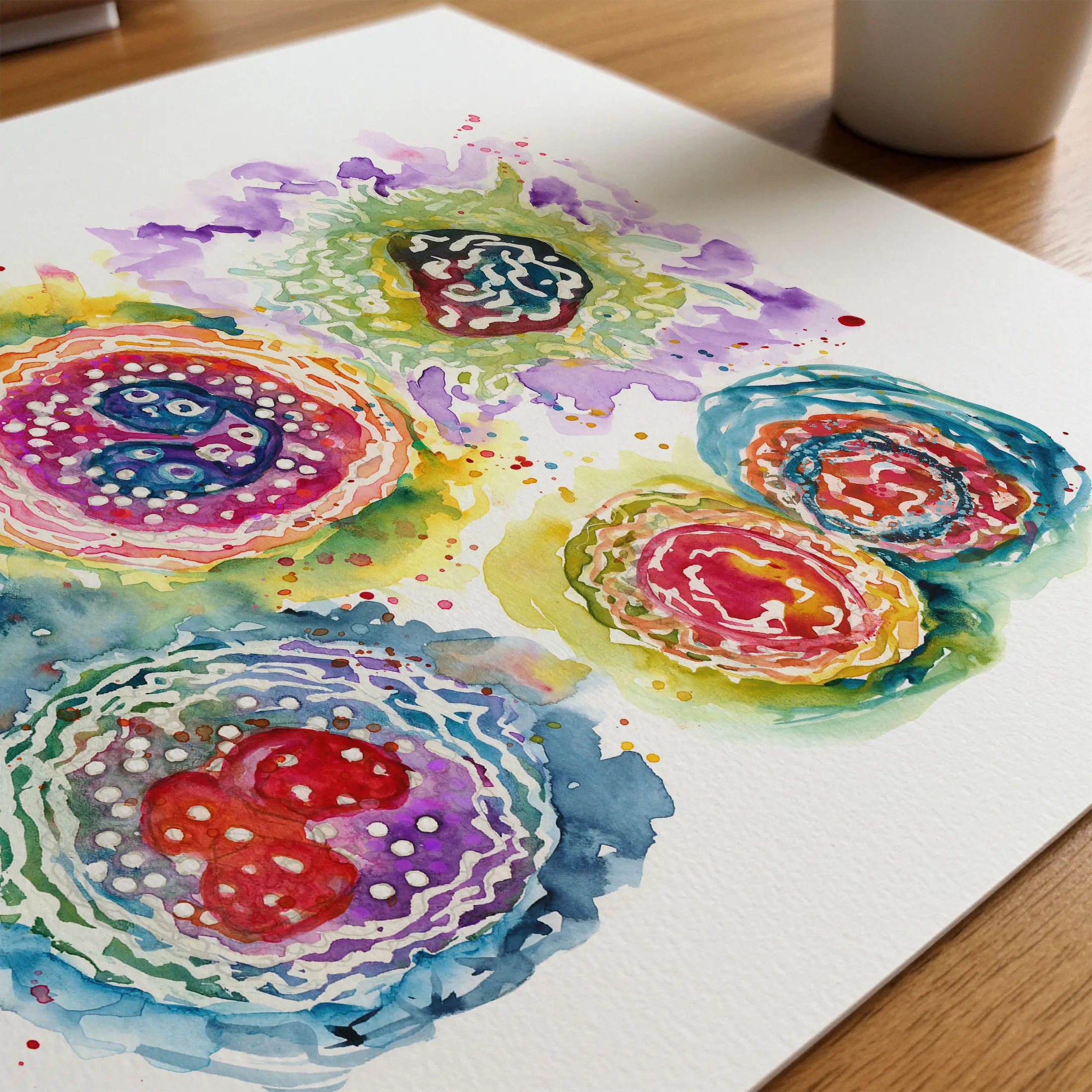 Close-up of leukocytes abstract watercolor print showing paper texture and grain