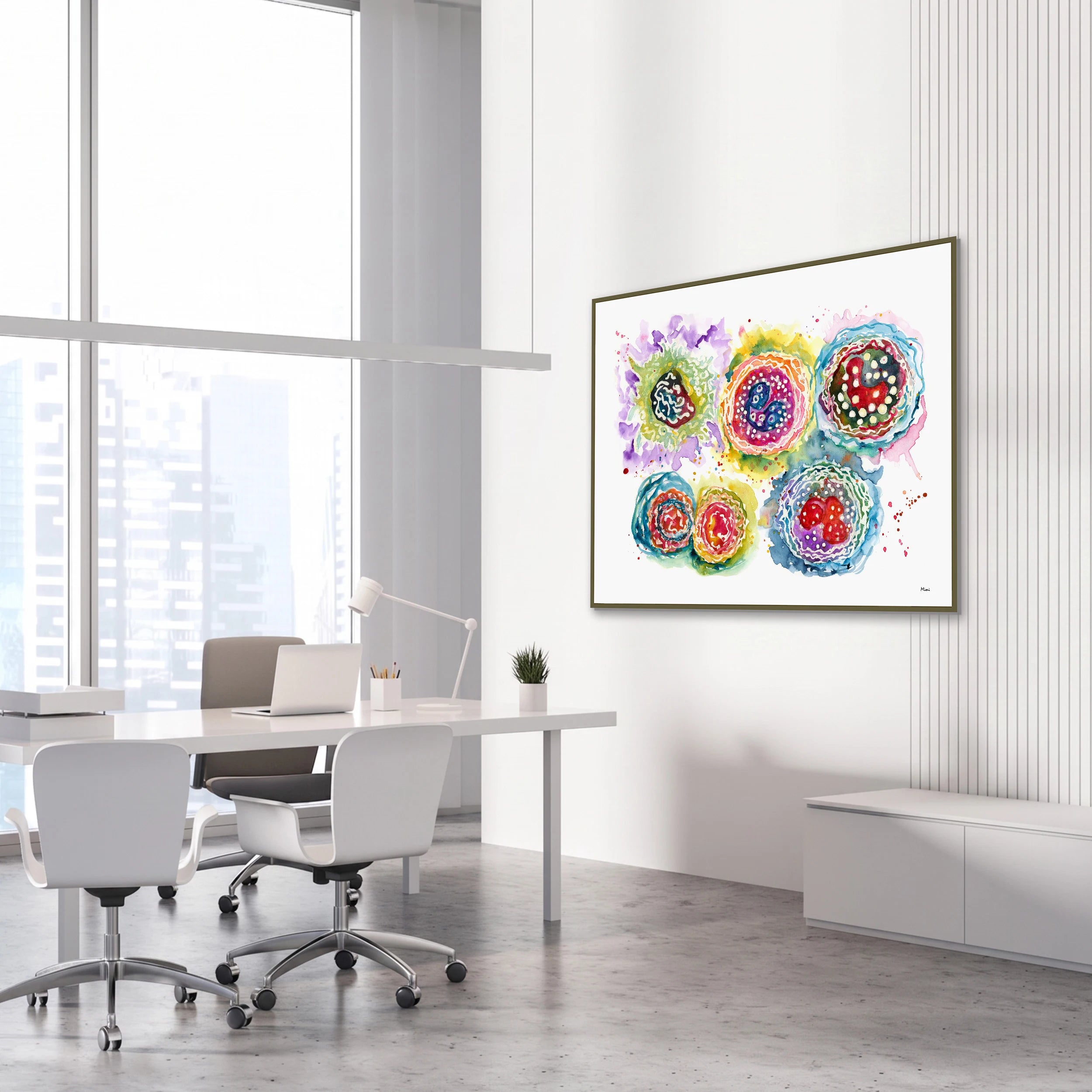 Framed leukocytes abstract watercolor print in a science laboratory office