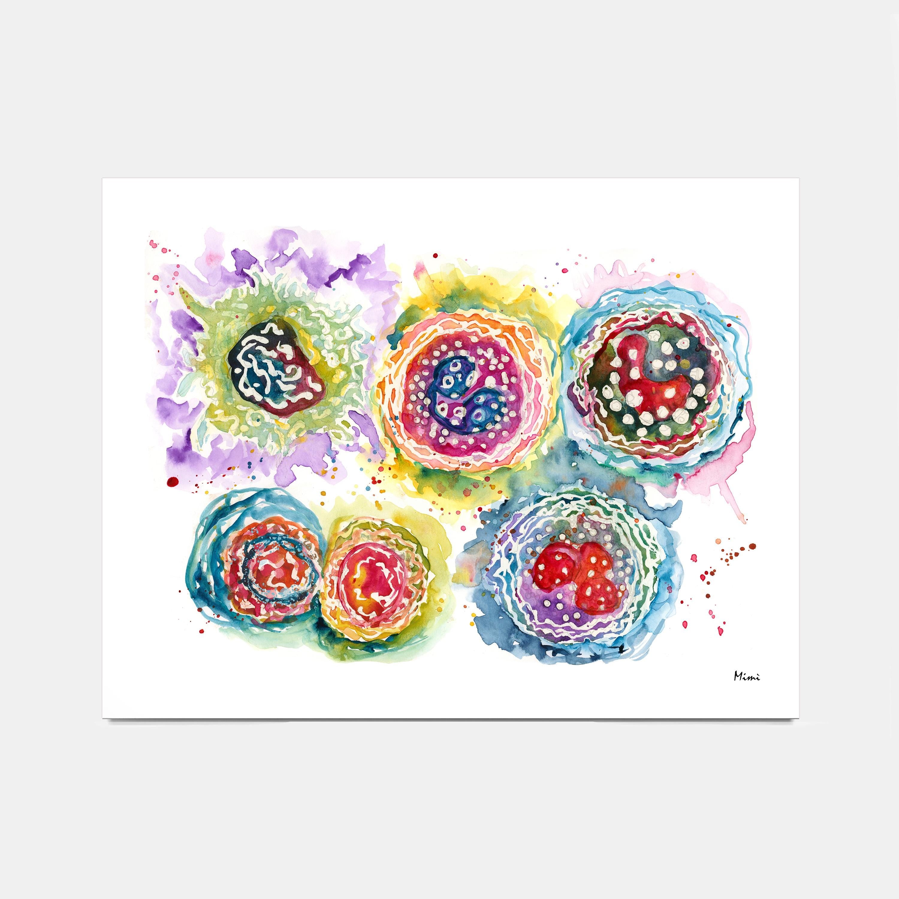 Leukocytes Abstract watercolor art print for hematology lab wall decor
