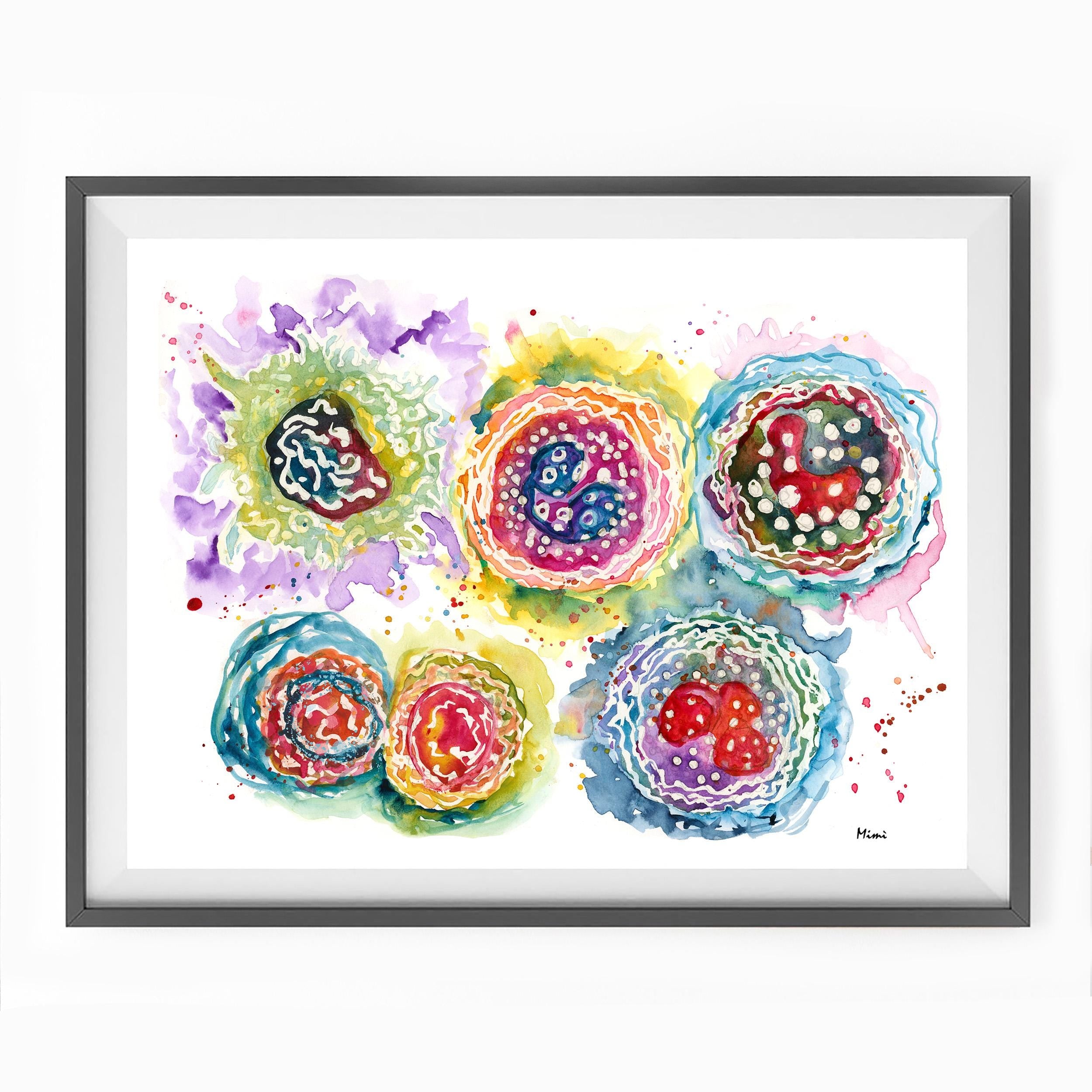 Colorful white blood cells framed painting on the wall.