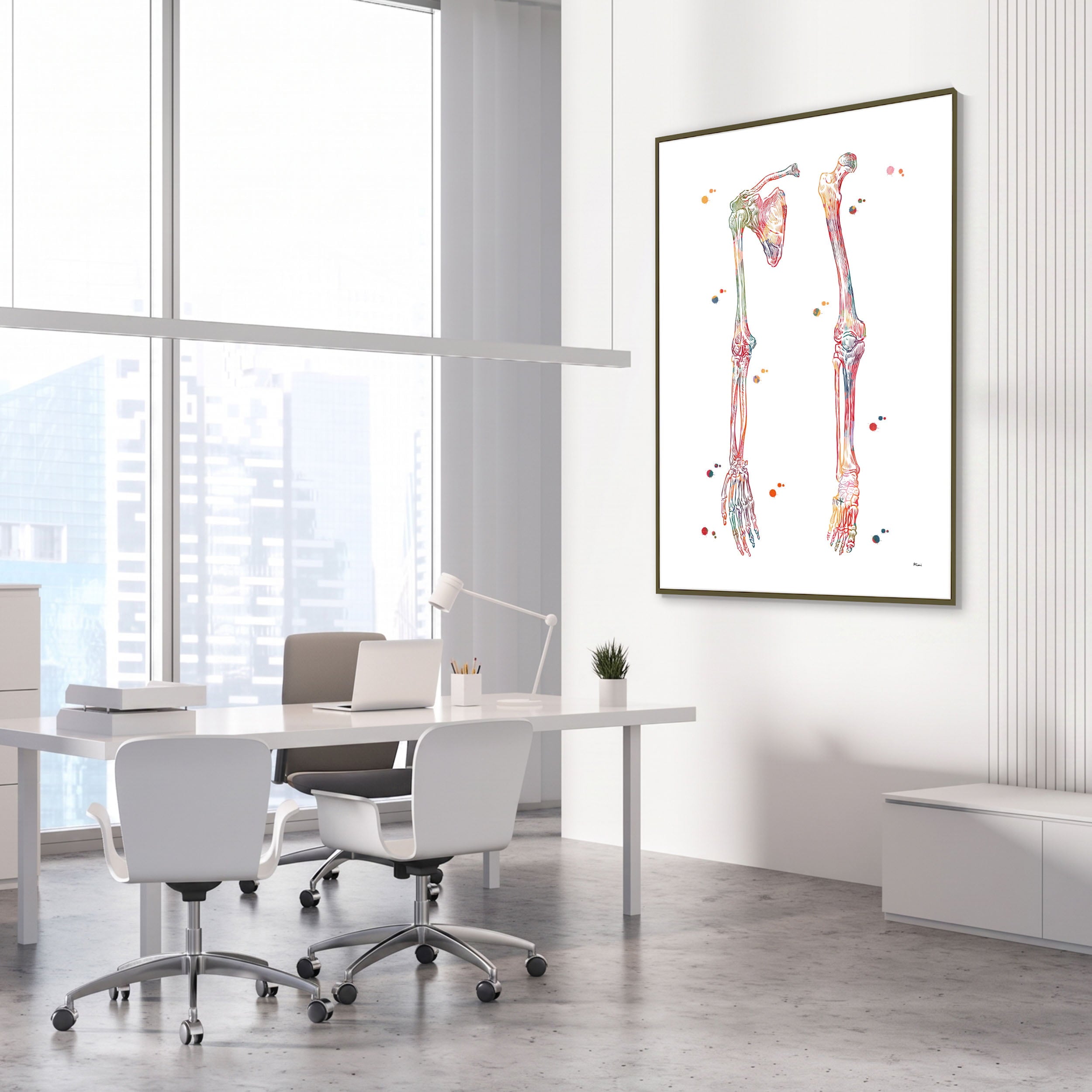 Framed limb bones & ligaments watercolor print in an orthopedic clinic