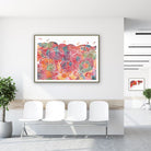 Framed liver tissue histology watercolor print in a clinic waiting room