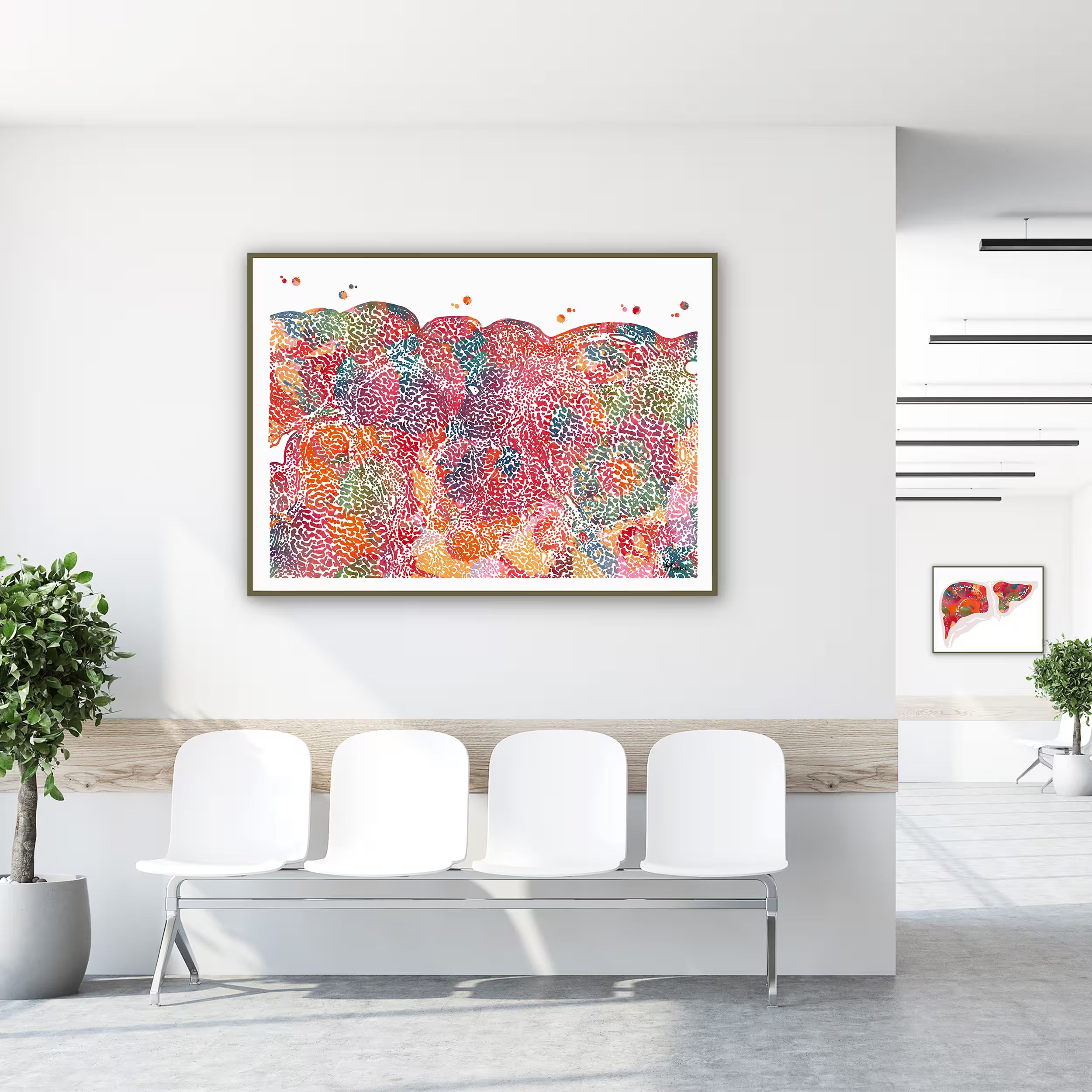 Framed liver tissue histology watercolor print in a clinic waiting room