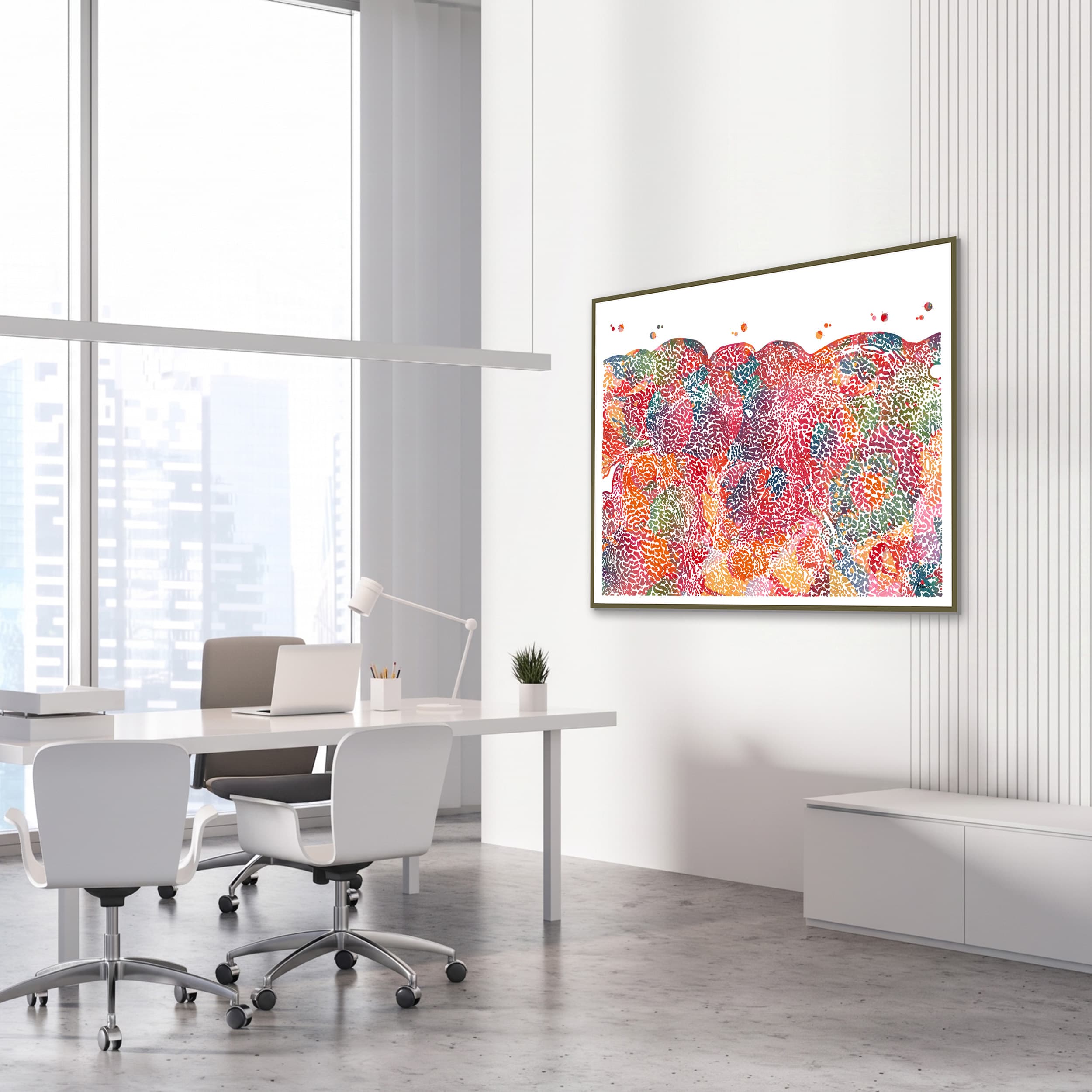 Framed liver tissue histology watercolor print in a gastroenterology clinic