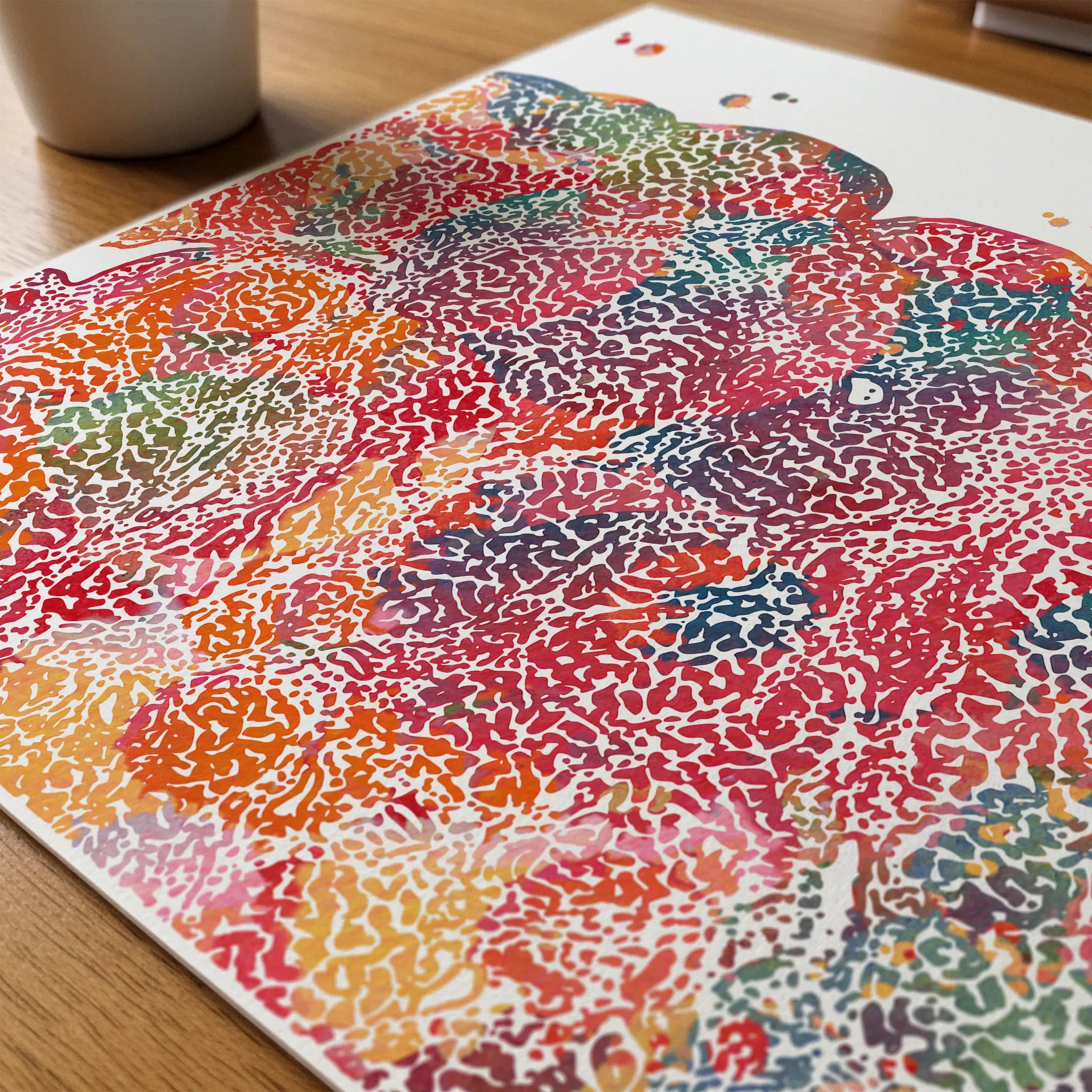 Close-up of liver tree of life watercolor print showing paper texture and grain