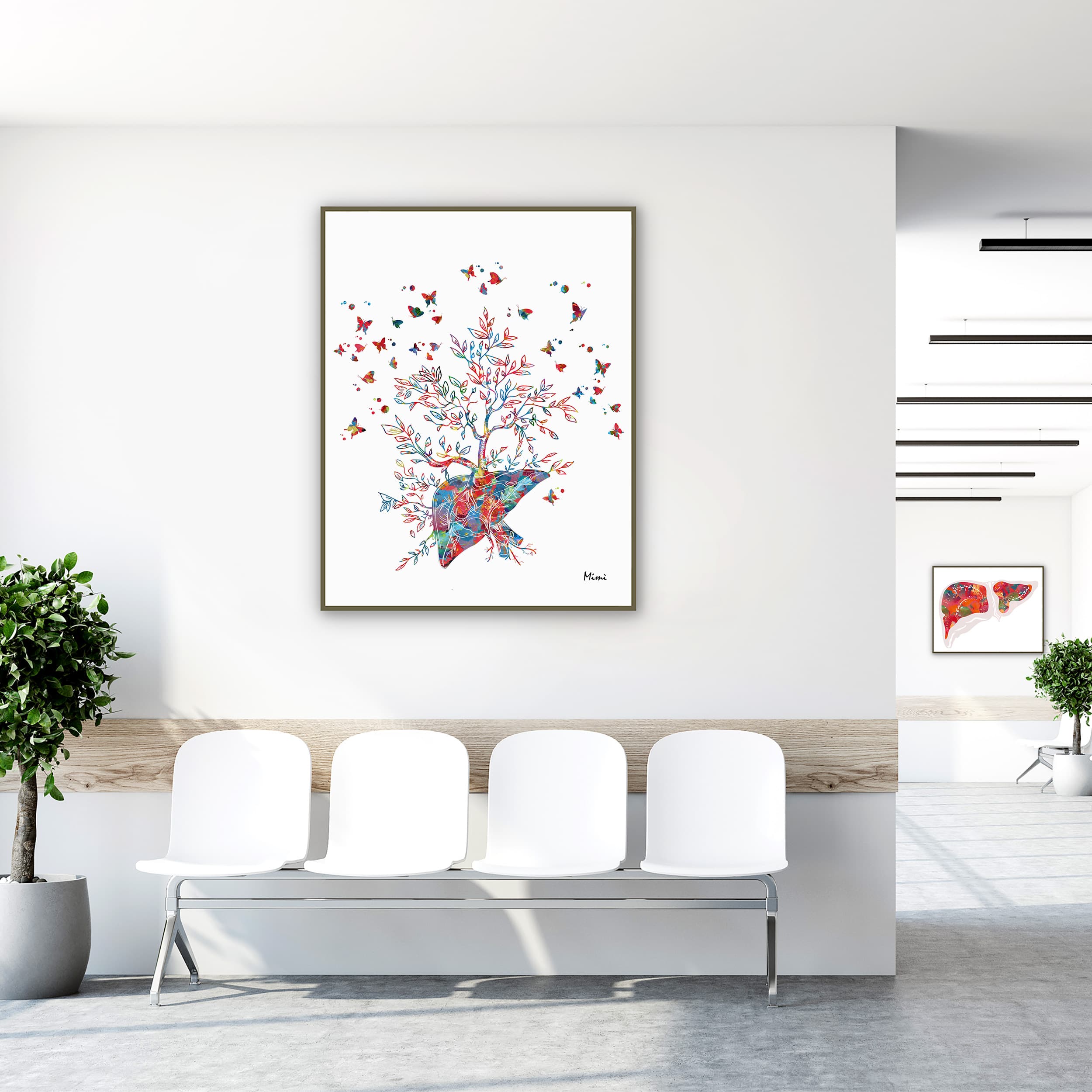 Framed liver tree of life watercolor print in a clinic waiting room