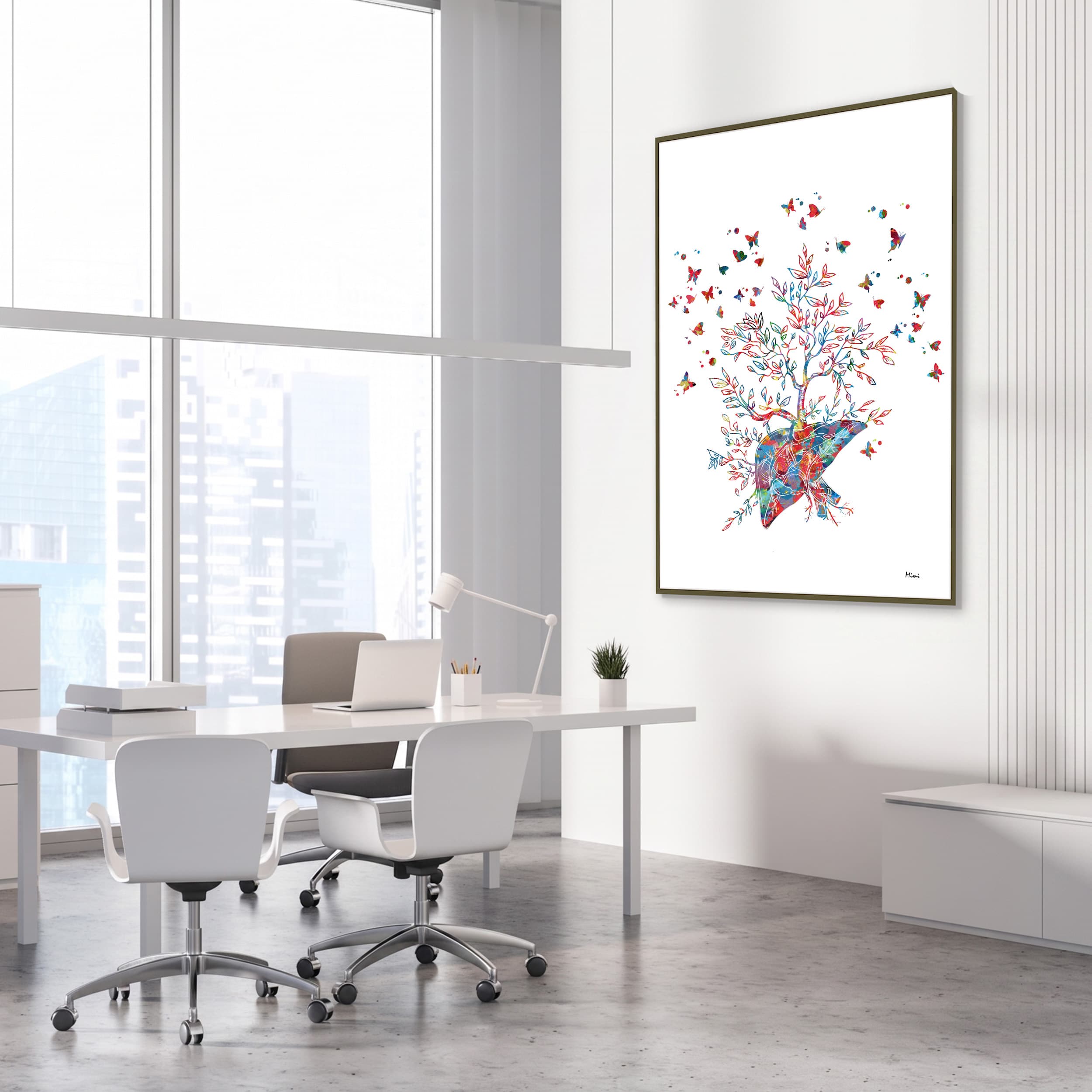 Framed liver tree of life watercolor print in a gastroenterology clinic