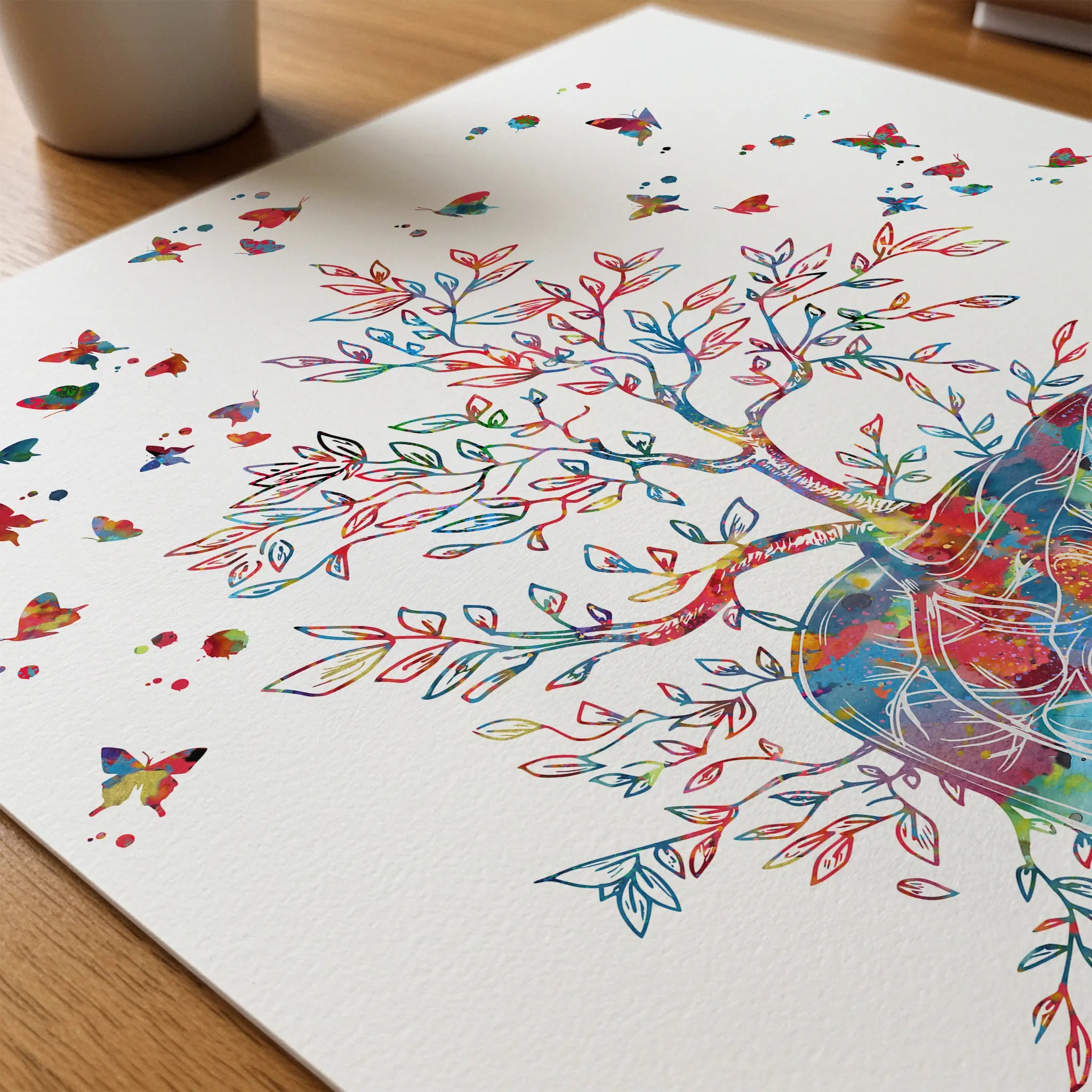 Close-up of liver tree of life watercolor print showing paper texture and grain