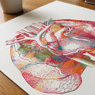 Close-up of lungs and heart anatomy watercolor print showing paper texture and grain
