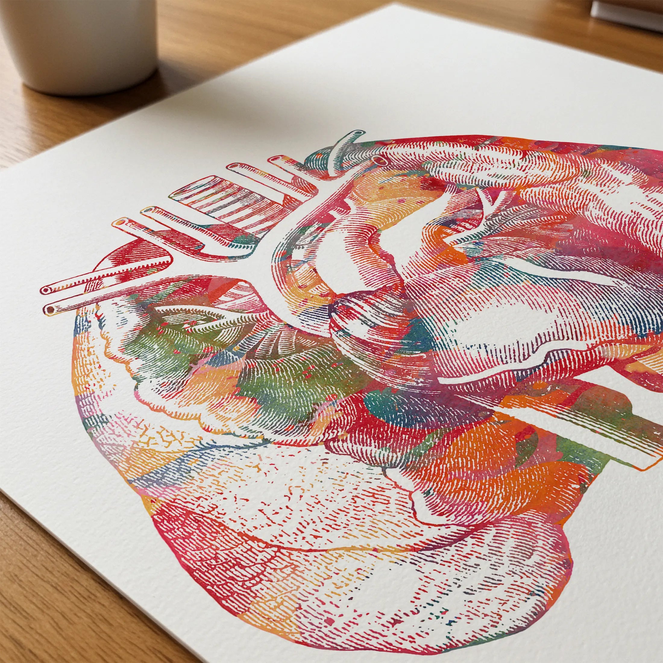 Close-up of lungs and heart anatomy watercolor print showing paper texture and grain