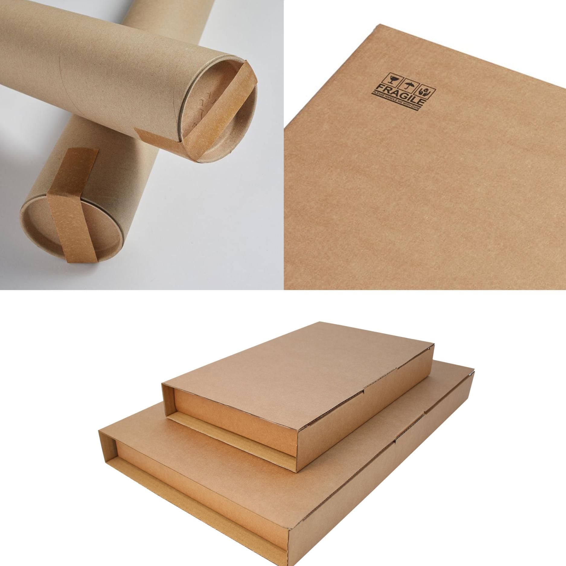 Collage of brown packaging products including a roll, box, and flat sheet with a 'fragile' label.