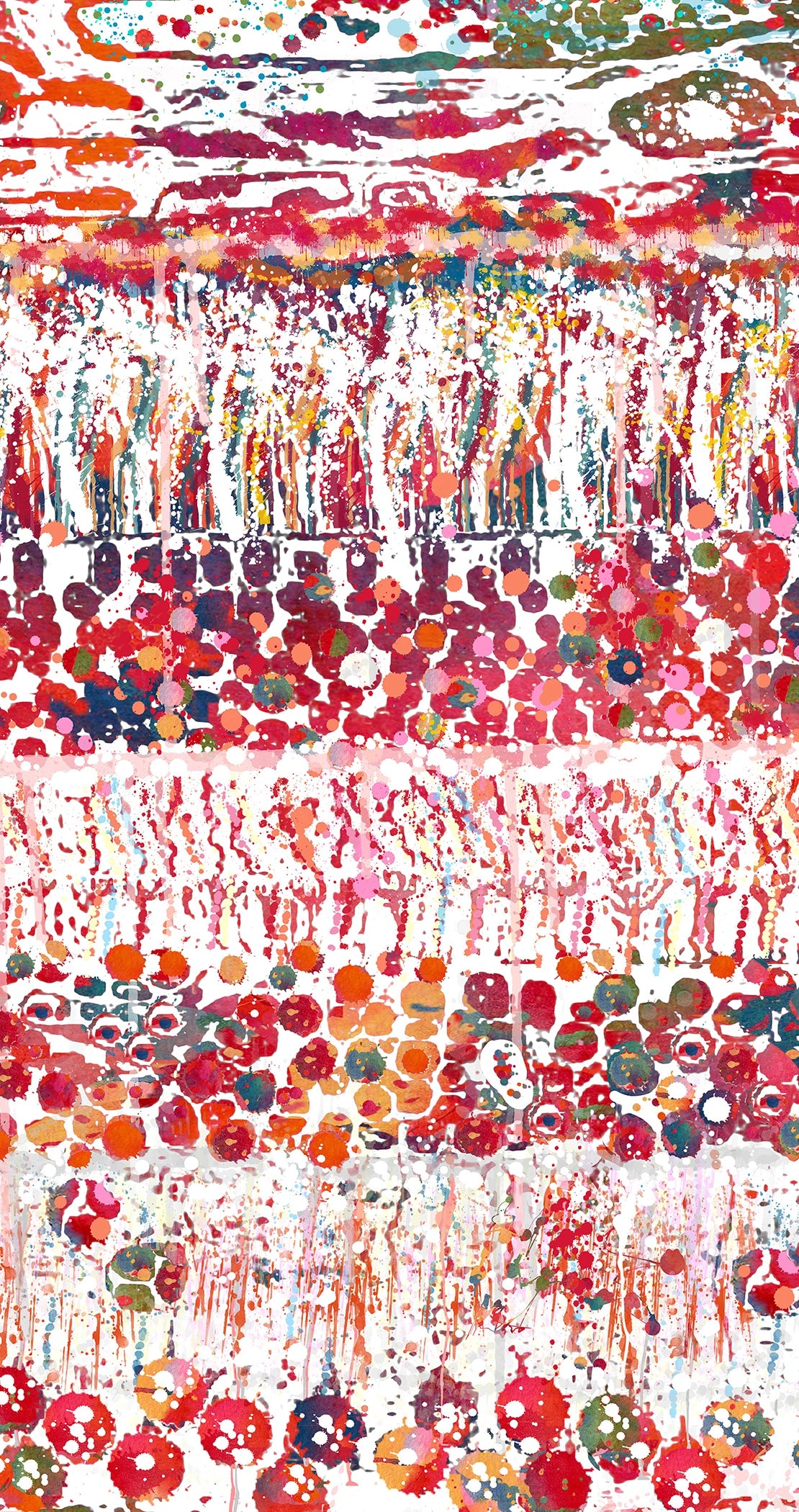 Colorful abstract pattern with red, orange, green, pink, and white colors.