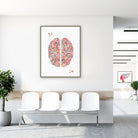 Framed minimalist abstract brain watercolor print in a clinic waiting room