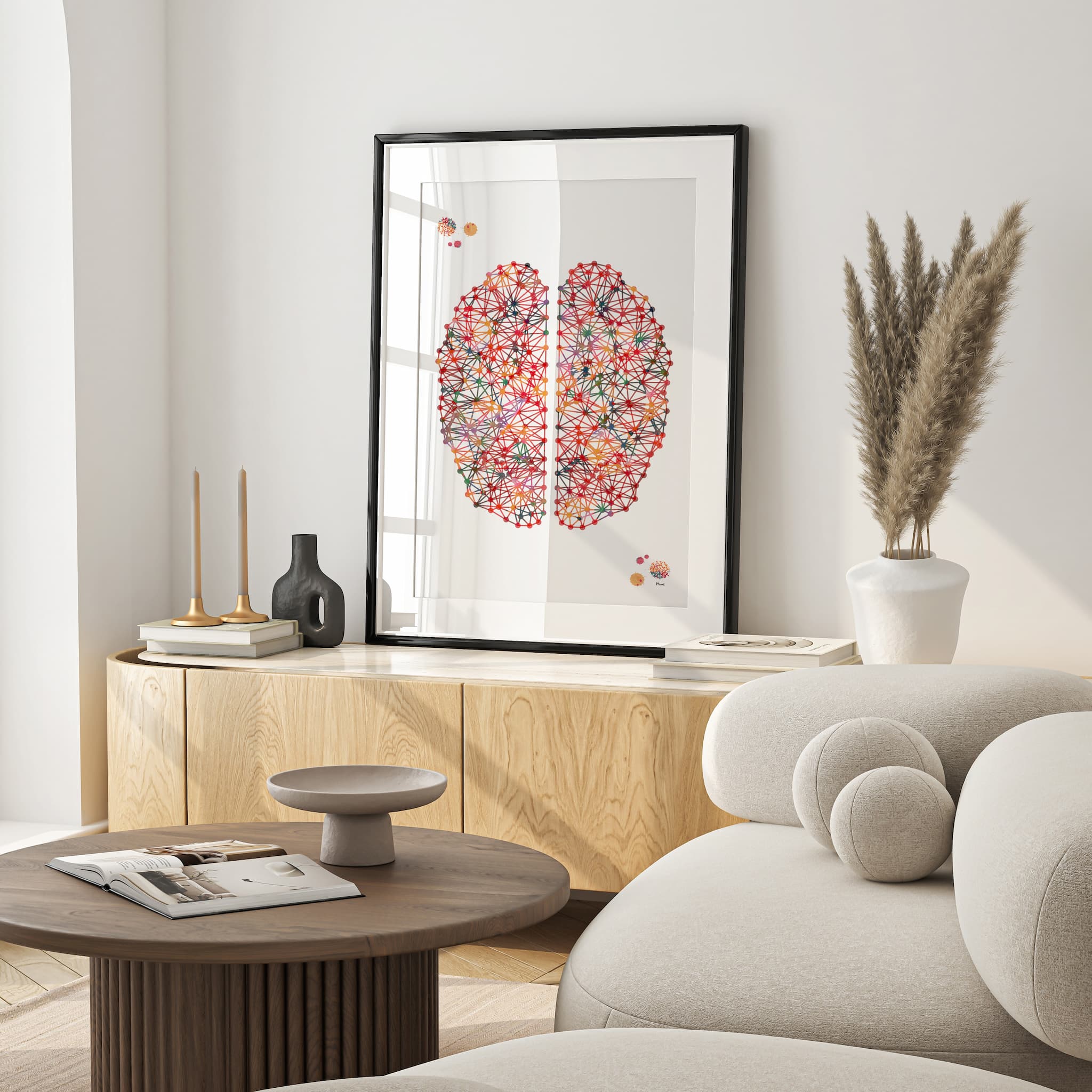 Framed minimalist abstract brain watercolor print in a warm living room