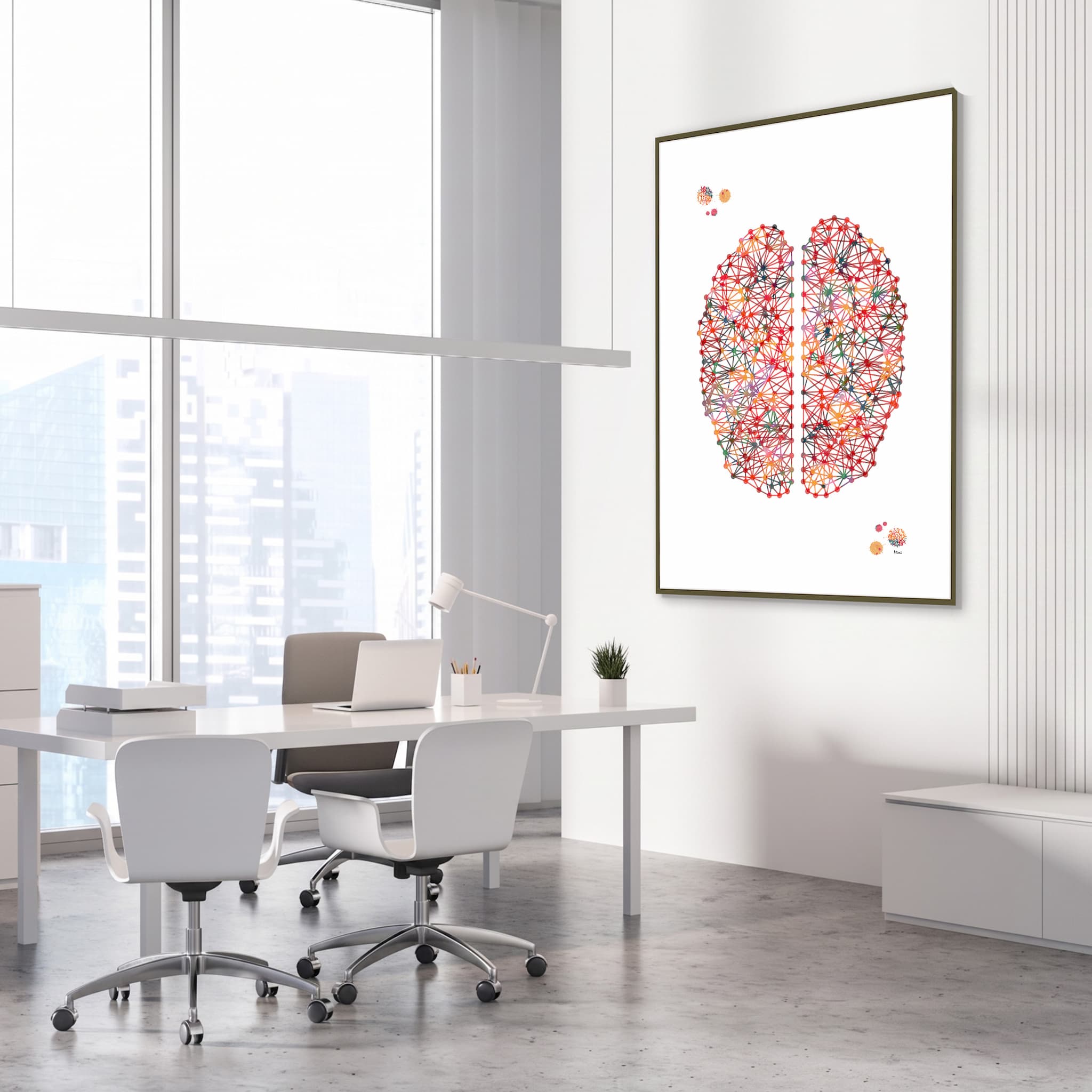 Framed minimalist abstract brain watercolor print in a medical clinic