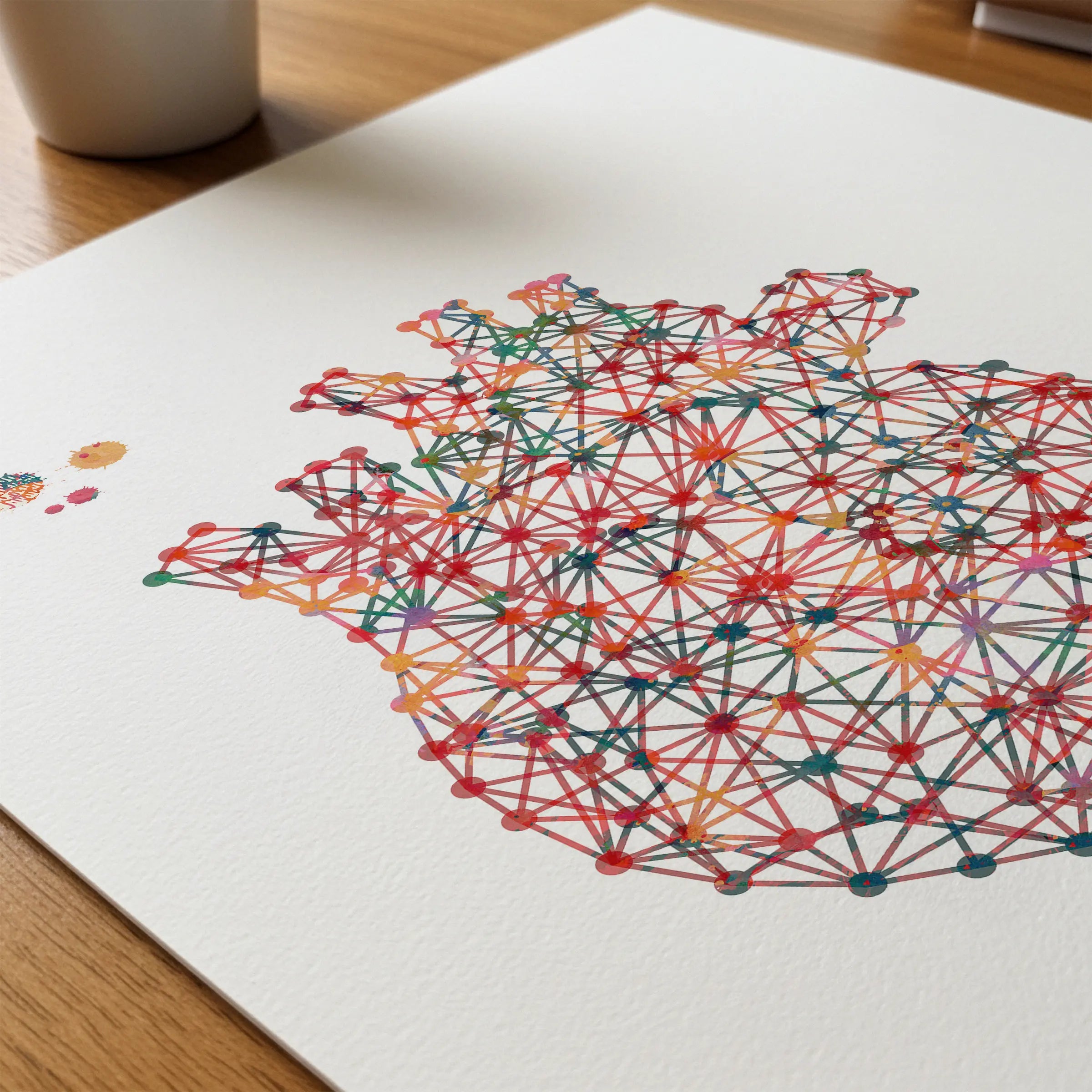 Close-up of minimalist geometric anatomical heart watercolor print showing paper texture and grain
