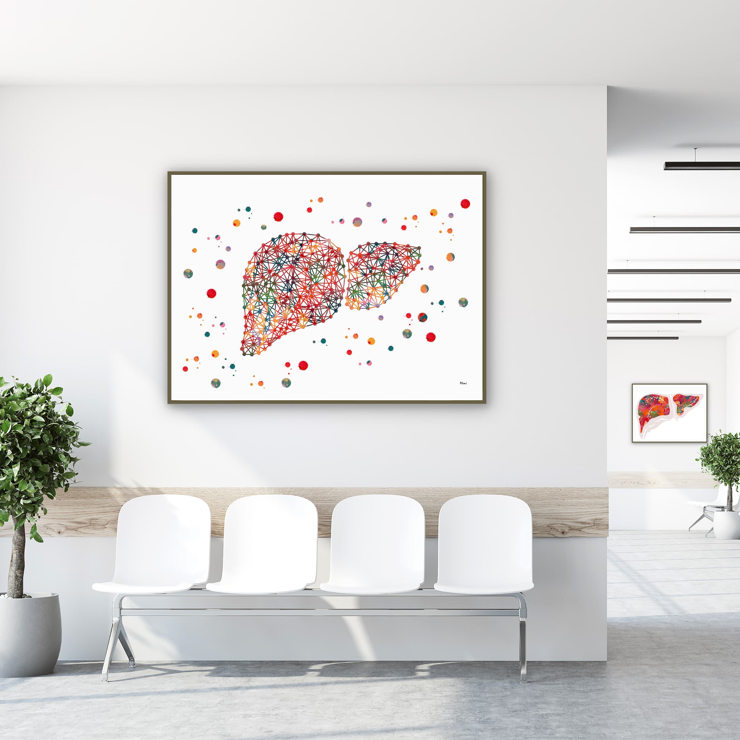 Framed minimalist liver watercolor print in a clinic waiting room