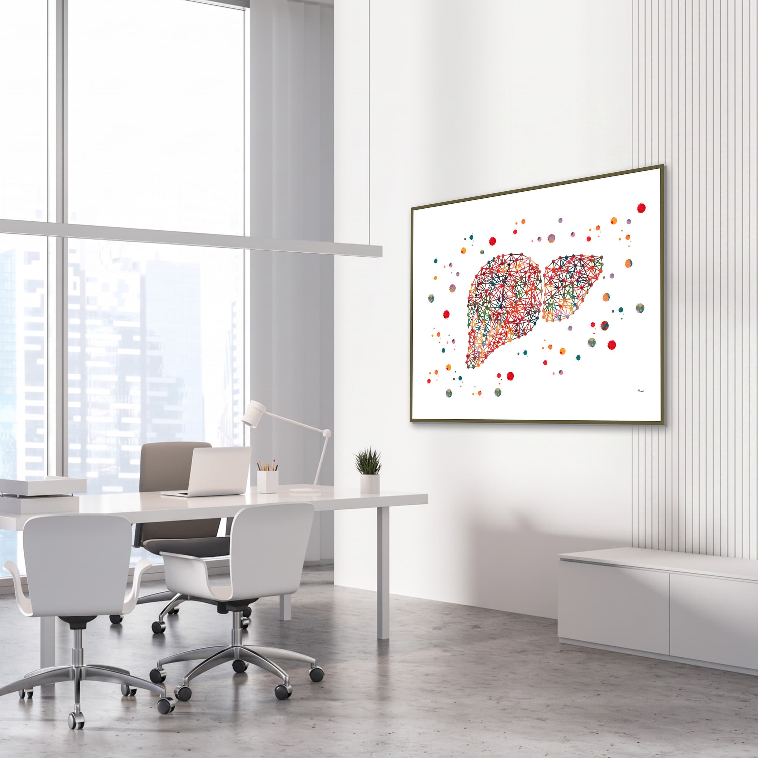 Framed minimalist liver watercolor print in a gastroenterology clinic