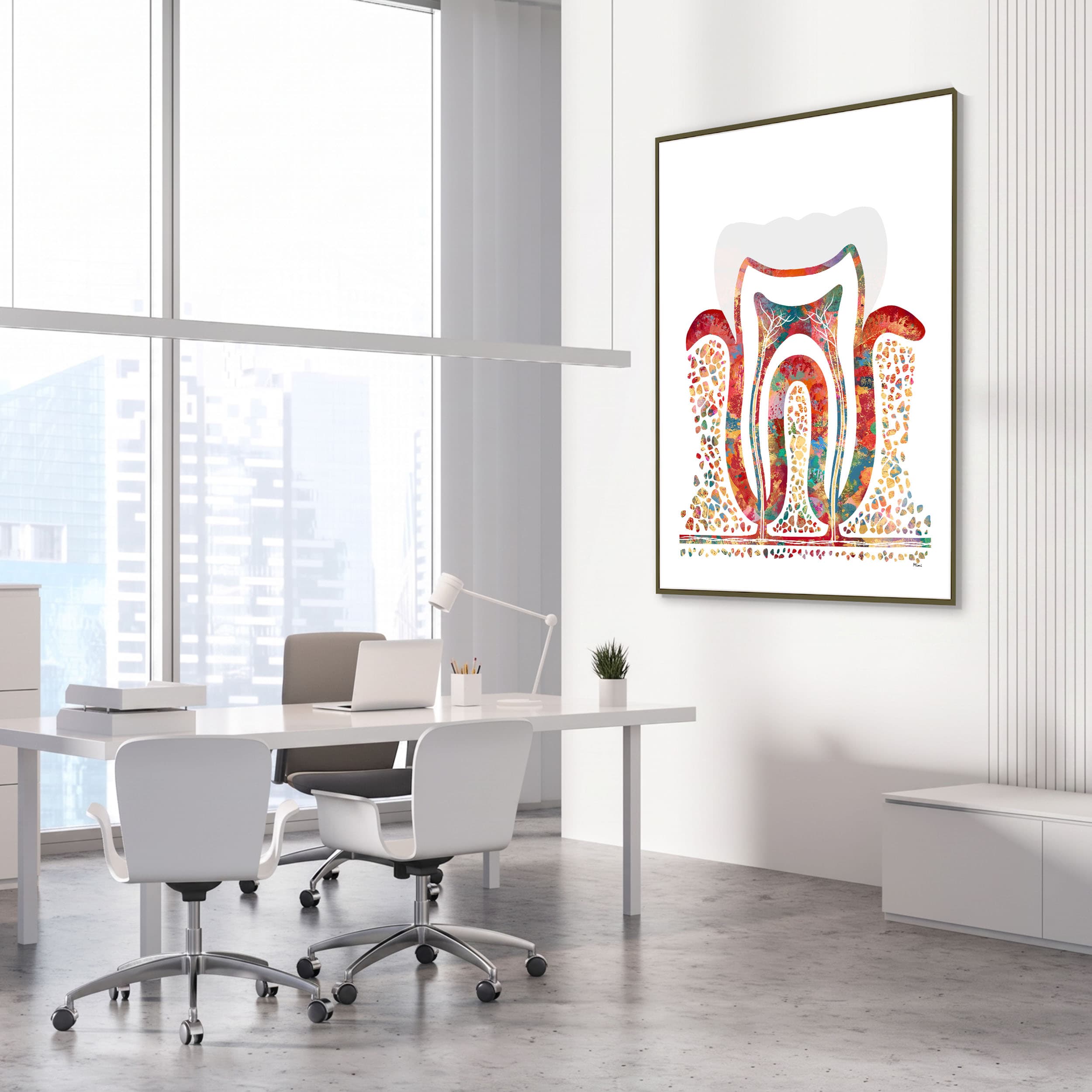 Framed molar cross-section watercolor print in a dental clinic