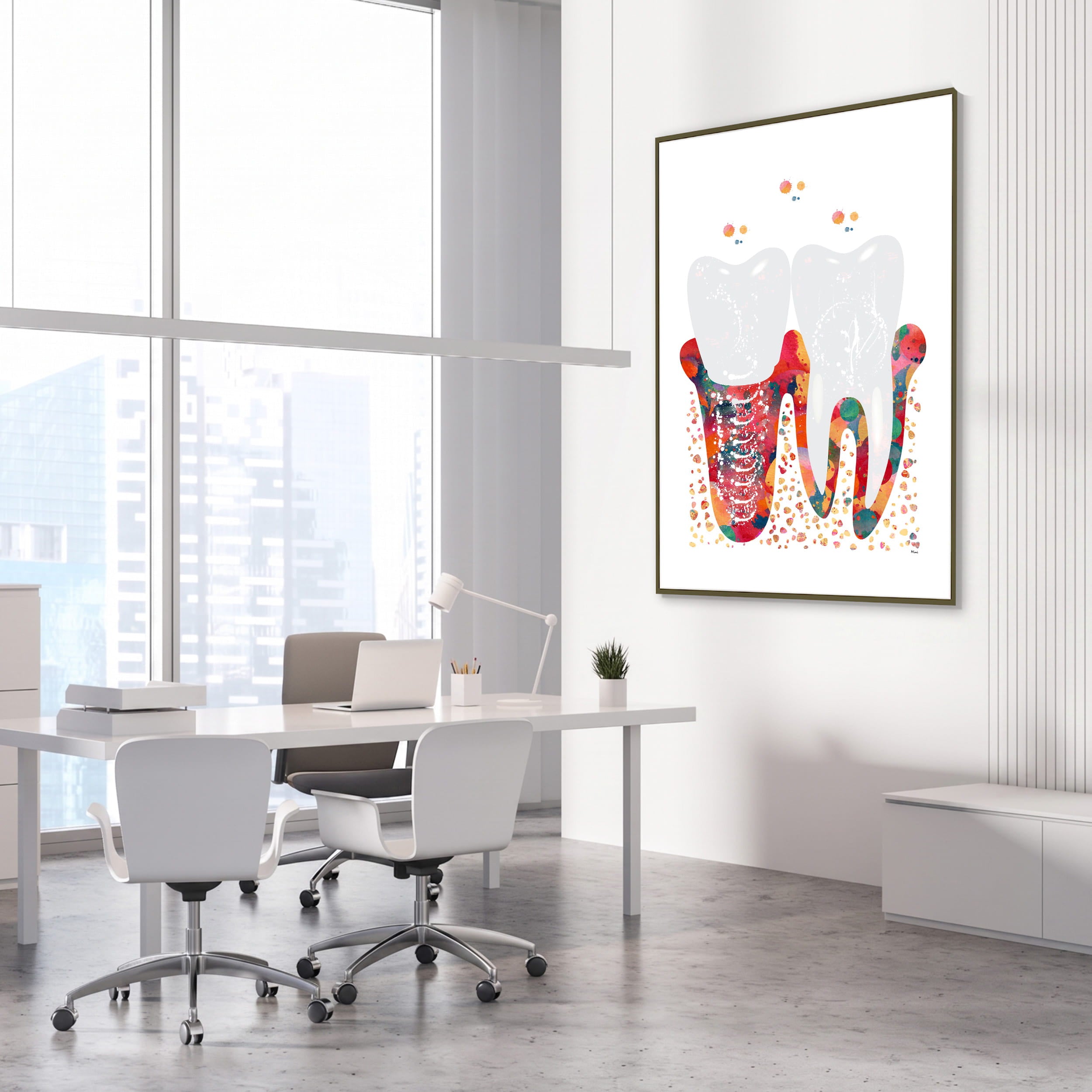 Framed molar implant watercolor print in a dental clinic