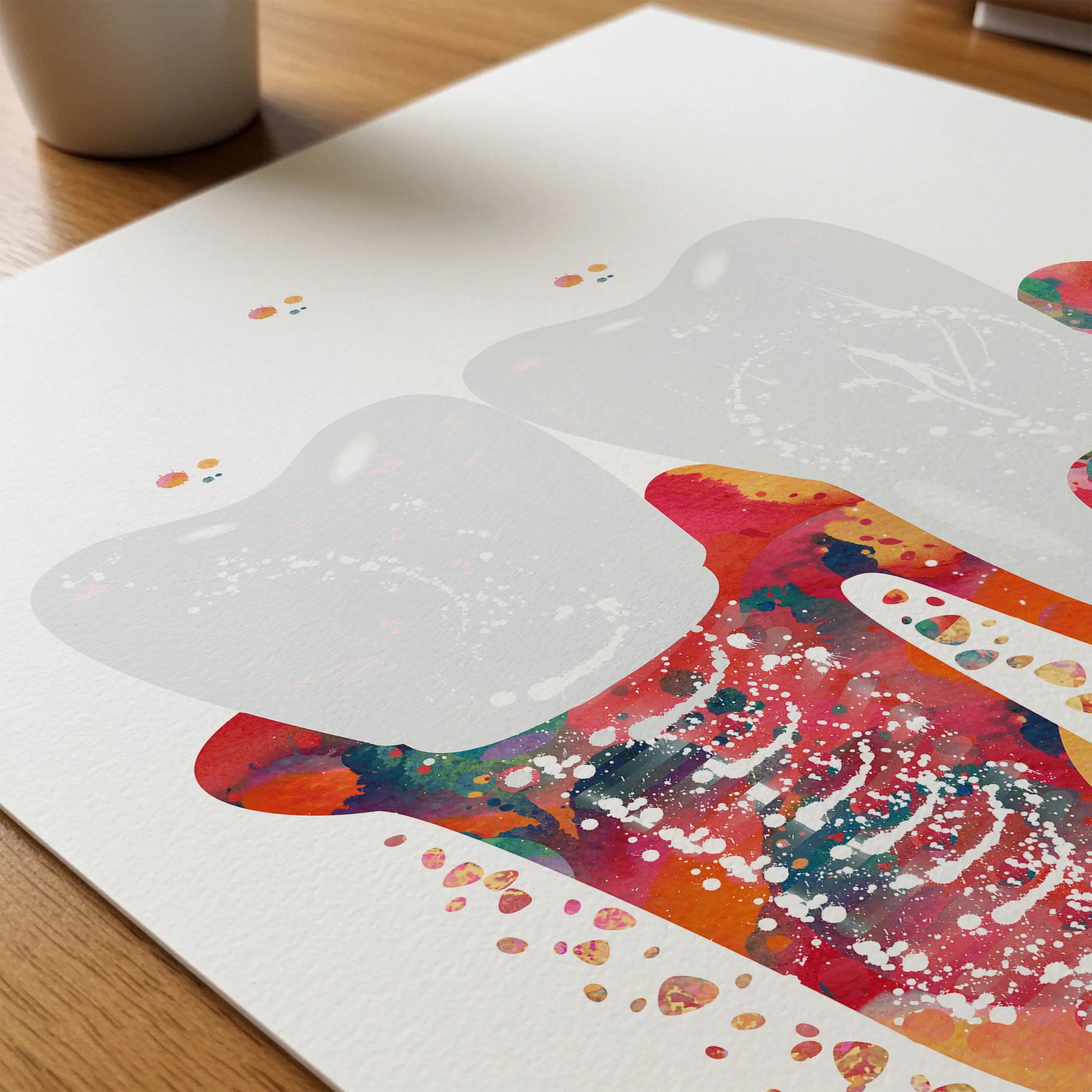 Close-up of molar implant watercolor print showing paper texture and grain