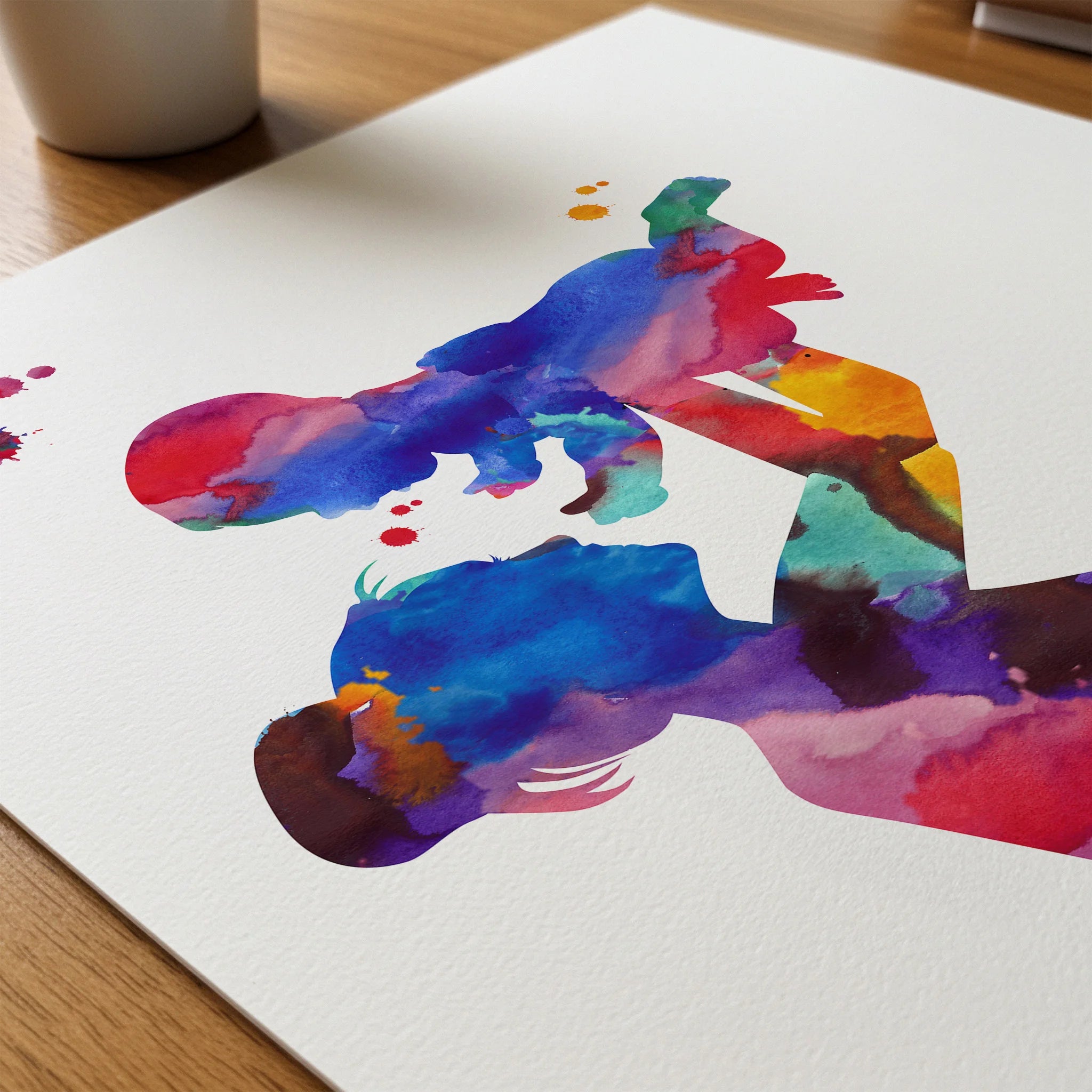 Close-up of mother holding her child watercolor print showing paper texture and grain