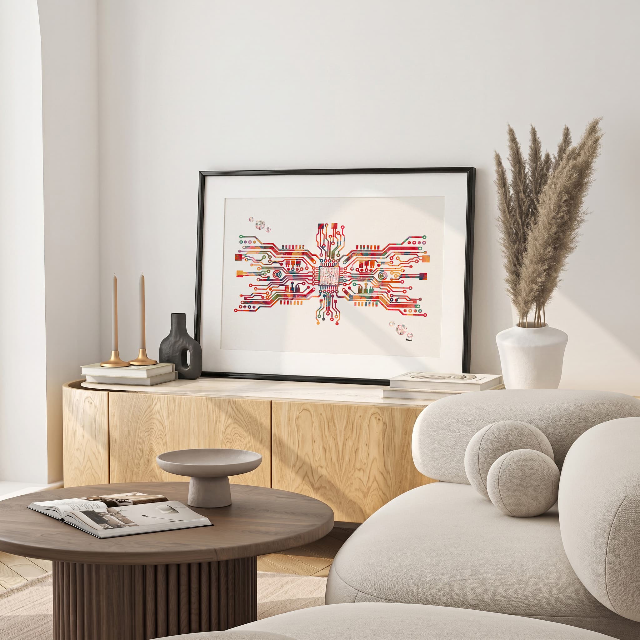 Framed motherboard & binary watercolor print in a warm living room