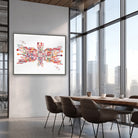 Framed motherboard & binary watercolor print in a meeting room