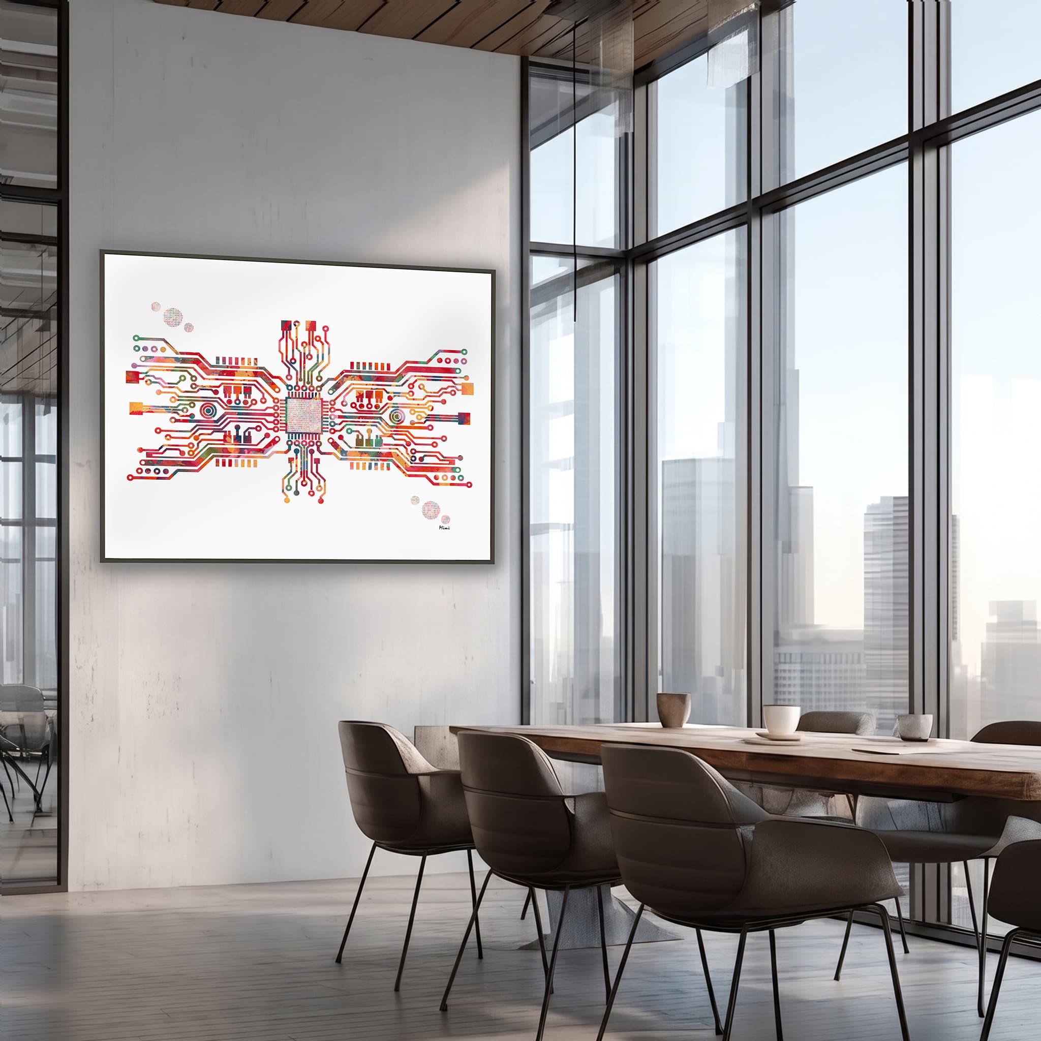 Framed motherboard & binary watercolor print in a meeting room