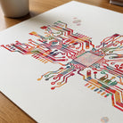 Close-up of motherboard & binary watercolor print showing paper texture and grain